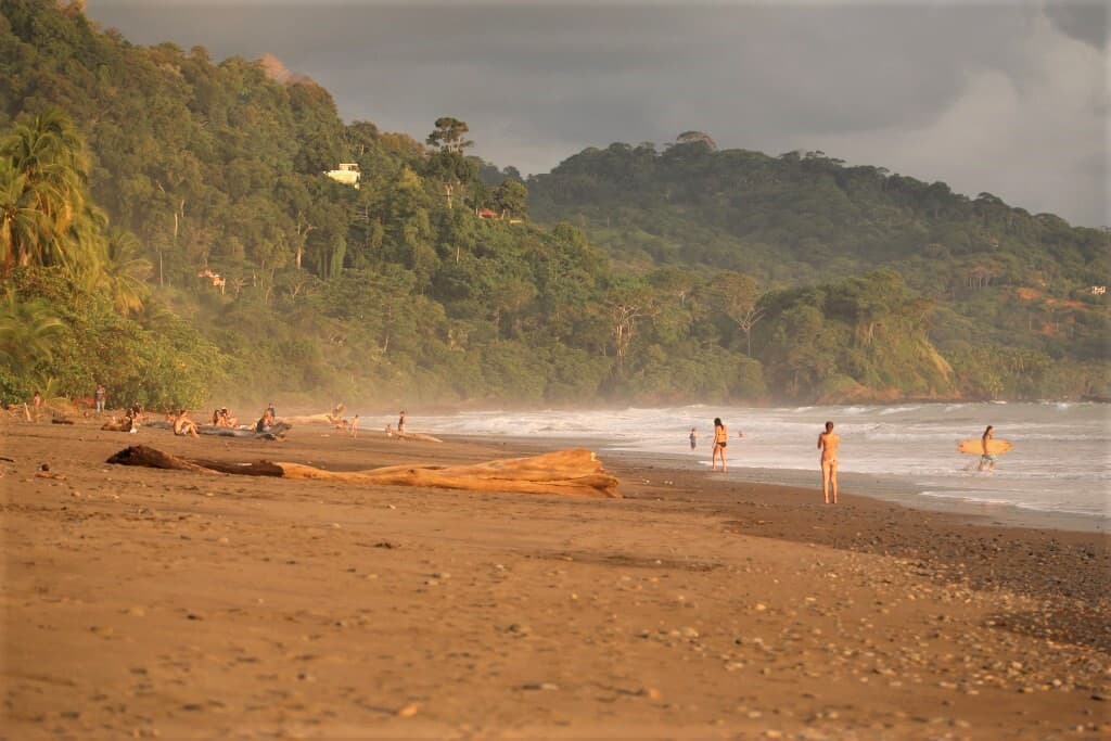A view of a beach with some surfers