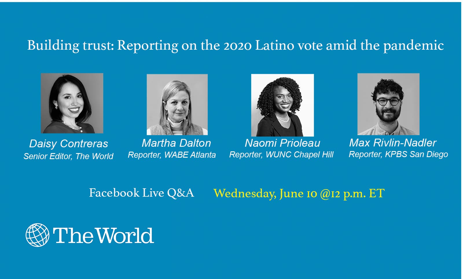 4 photos in black and white over a blue background serve to announce an event.