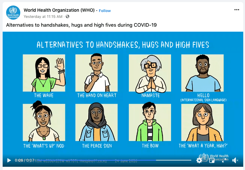 A Facebook video screen grab showing several alternative ways to greet people other then shaking hands.
