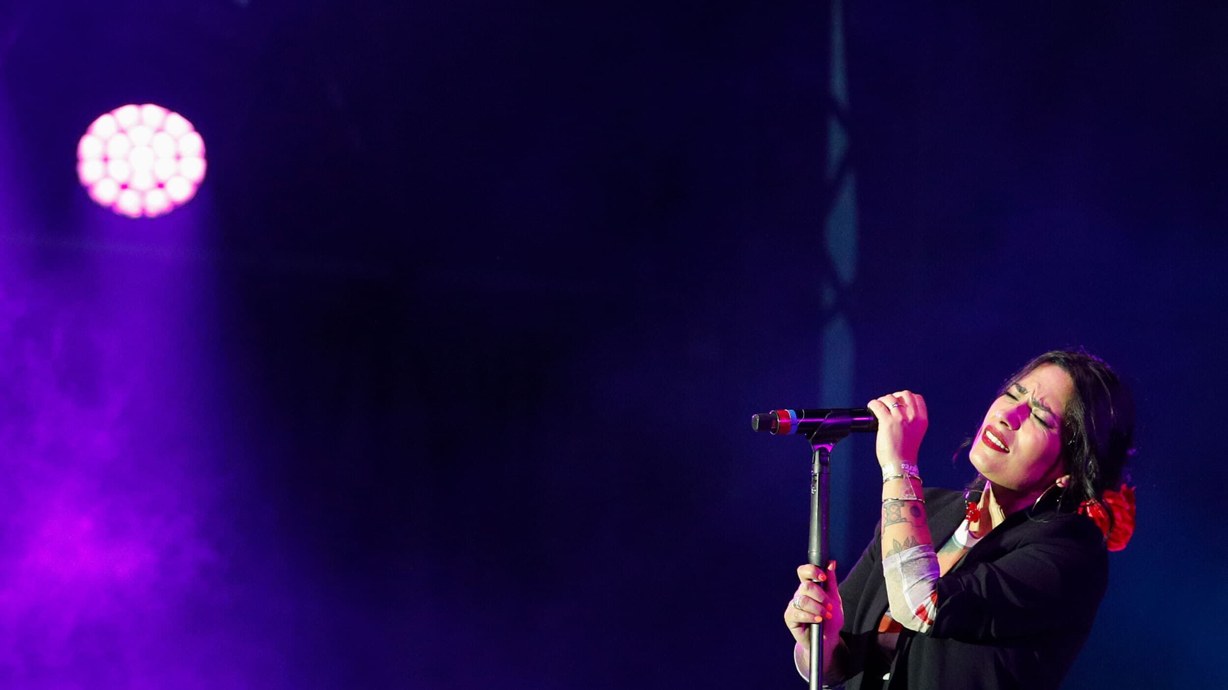 Ana Tijoux performs during a concert by female artists on the eve of International Women's Day, in the Zocalo in Mexico City, March 7, 2020.