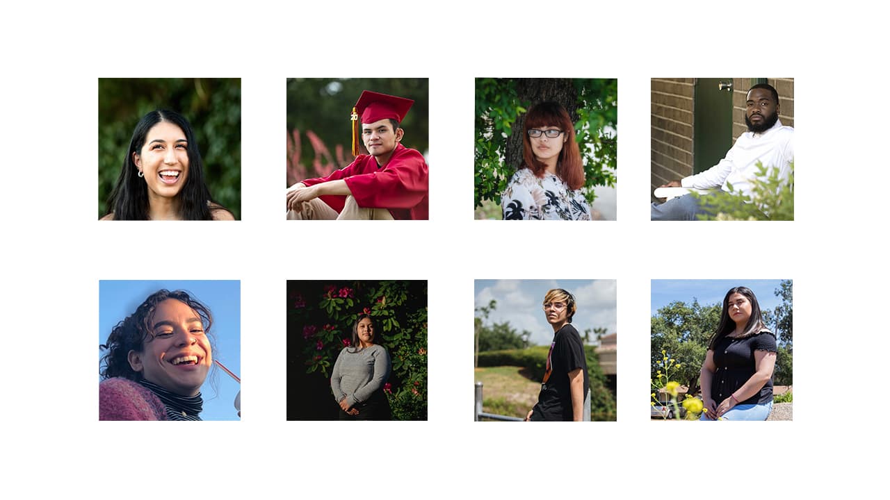 Eight square-size pictures of young men and women appear over a white background.