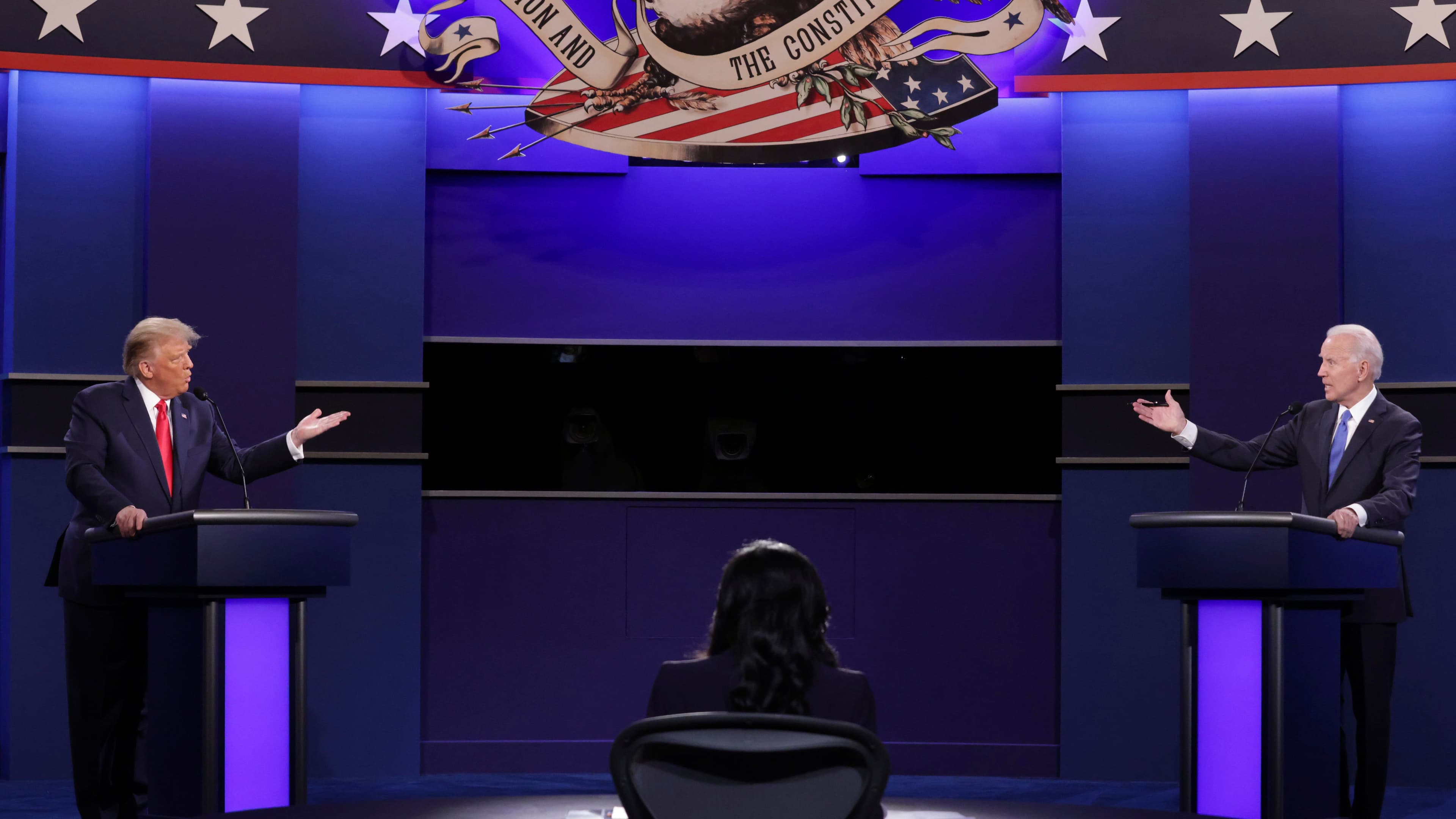 President Donald Trump and Democratic presidential candidate former Vice President Joe Biden participate in the final presidential debate at Belmont University, Oct. 22, 2020, in Nashville, Tenn.