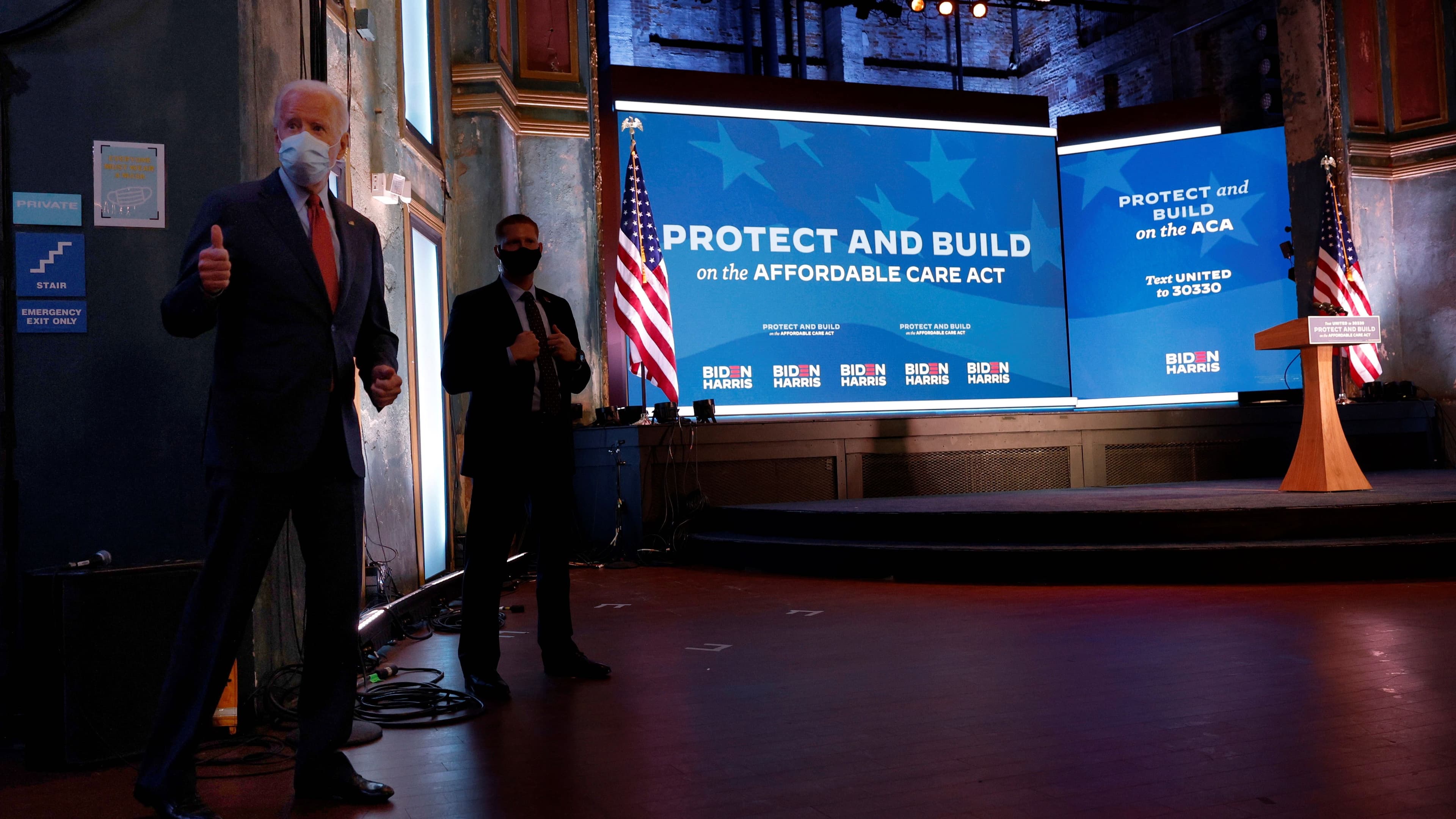 Democratic US presidential nominee and former Vice President Joe Biden arrives to make a statement after participating in briefing about the coronavirus disease (COVID-19), in Wilmington, Delaware, Oct. 28, 2020.  