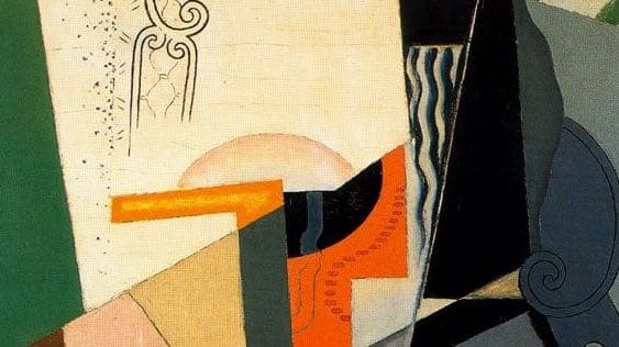 red, yellow, green ,white and beige shapes in a painting