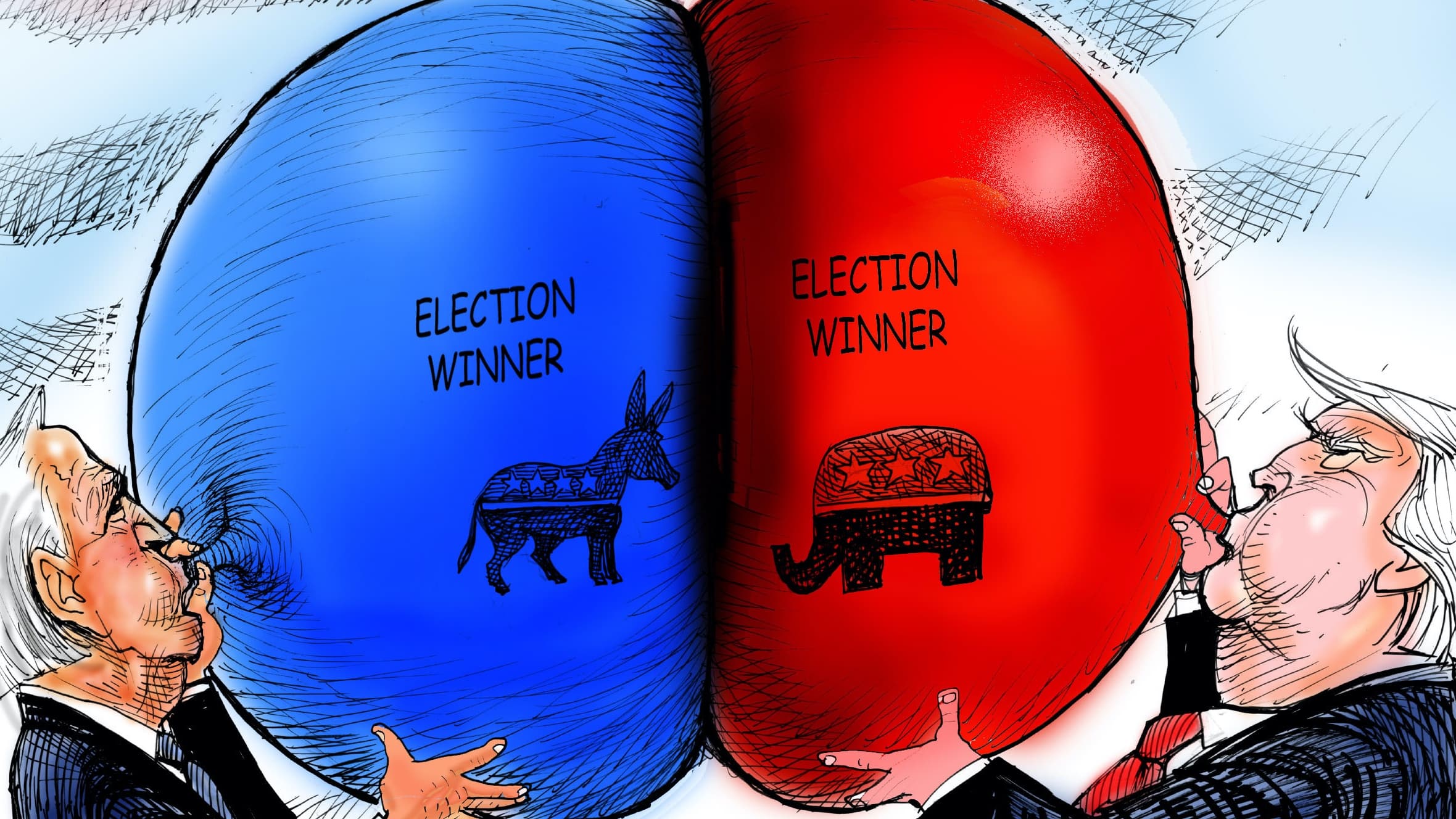 Two men blow up a red and blue balloon