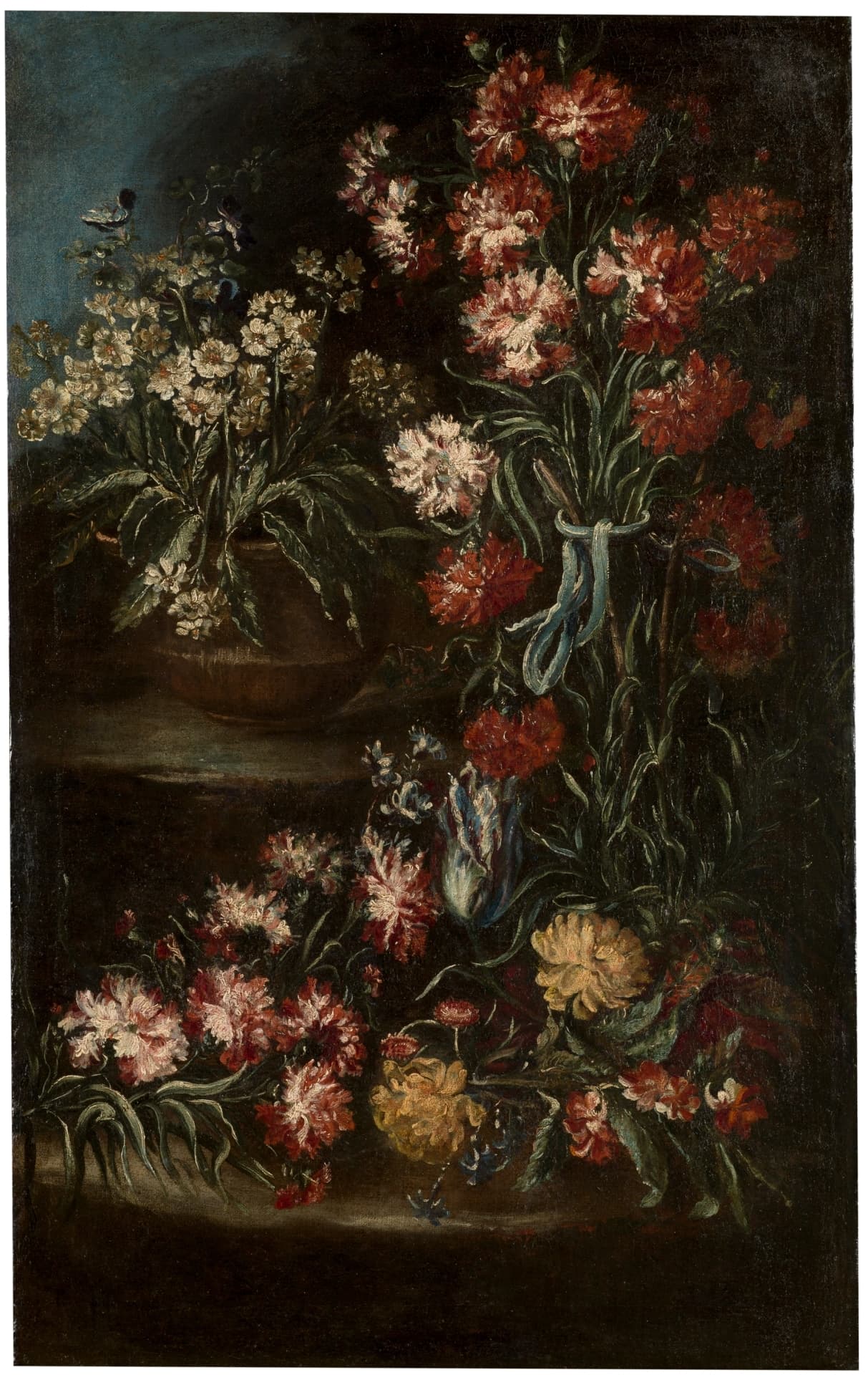 painting of dark flowers of various pinks, yellows and reds with black background.