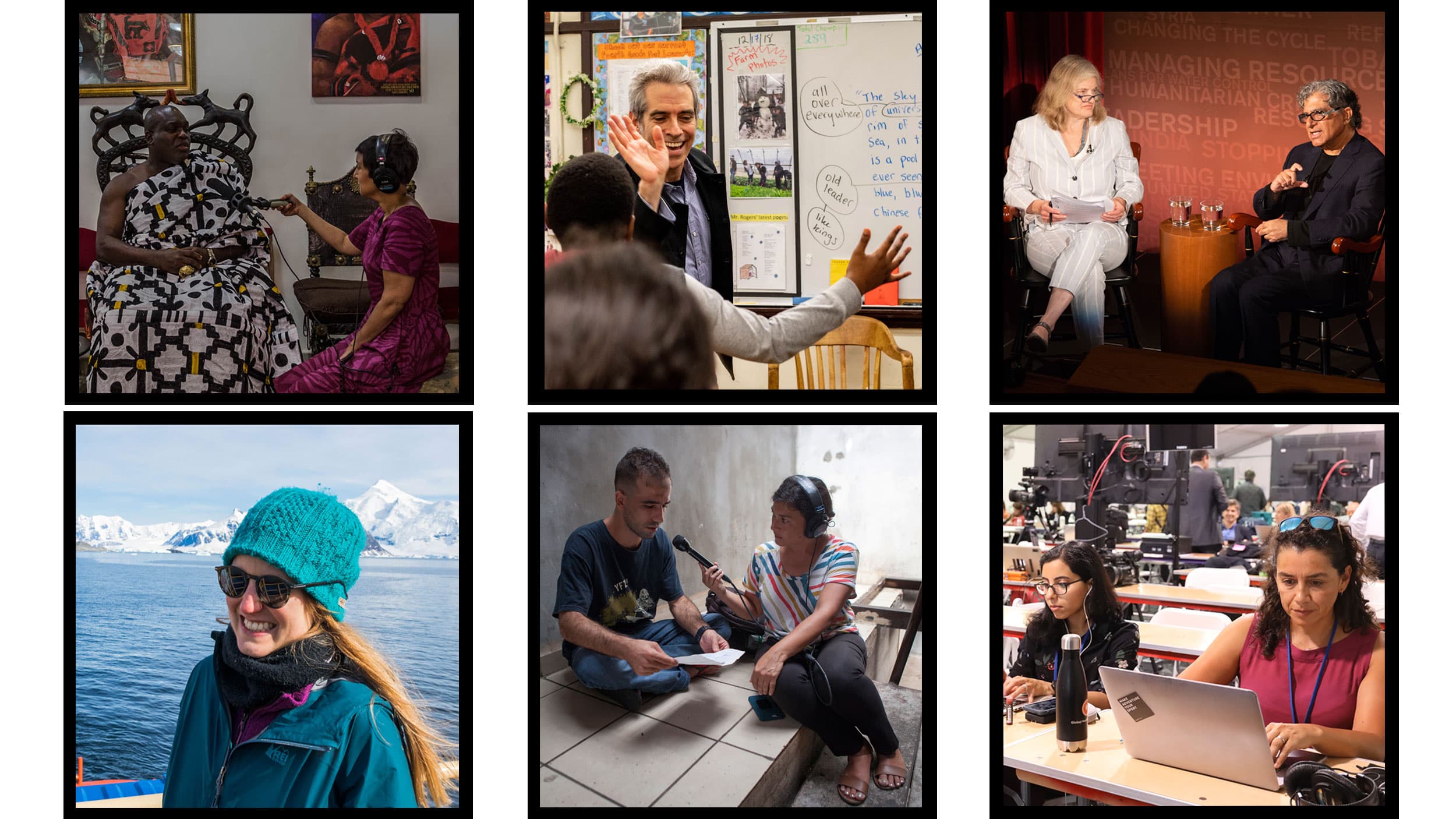 A compilation of six photographs of The World staff on various assignments around the globe including in Ghana, Mexico and Antarctica.