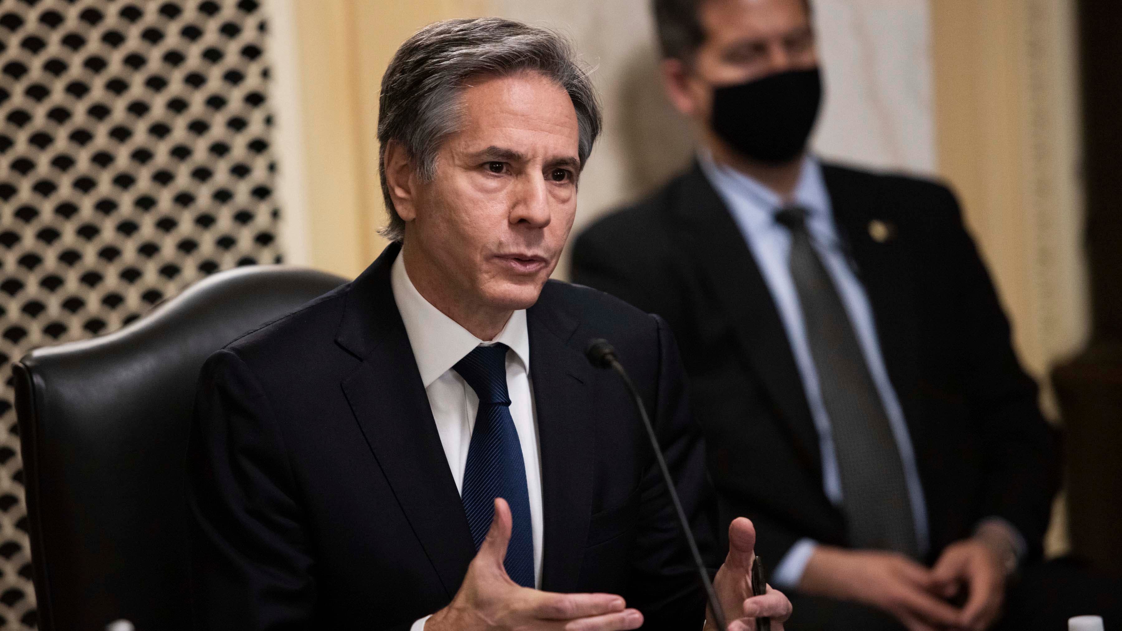 Secretary of State nominee Antony Blinken testifies during his confirmation hearing to be Secretary of State before the Senate Foreign Relations Committee on Capitol Hill in Washington, DC, Jan. 19, 2021.
