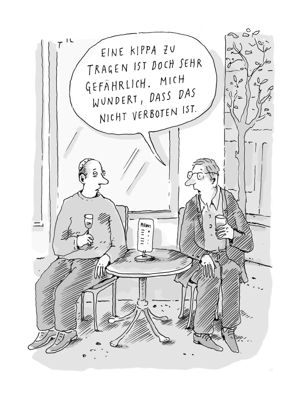 In a black and white cartoon, two men talk about their kippa wearing as a dangerous act.