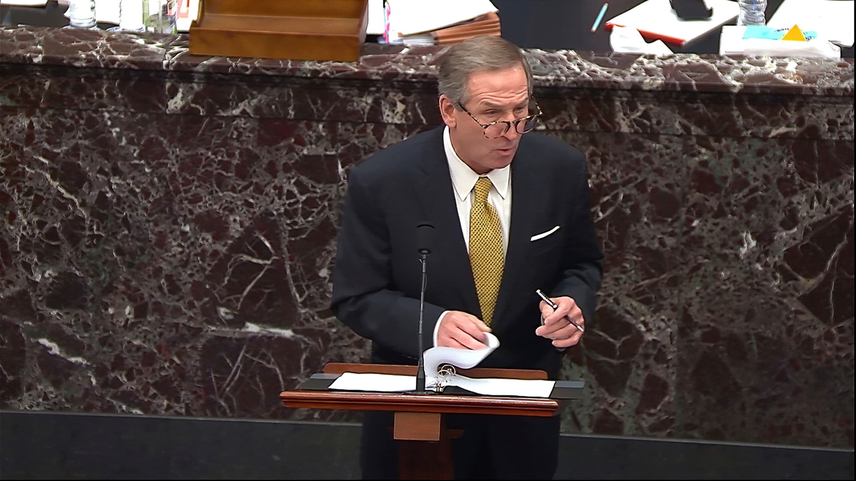 Michael van der Veen, an attorney for former President Donald Trump, speaks during the second impeachment trial of Trump in the Senate at the US Capitol on Friday, Feb. 12, 2021. 