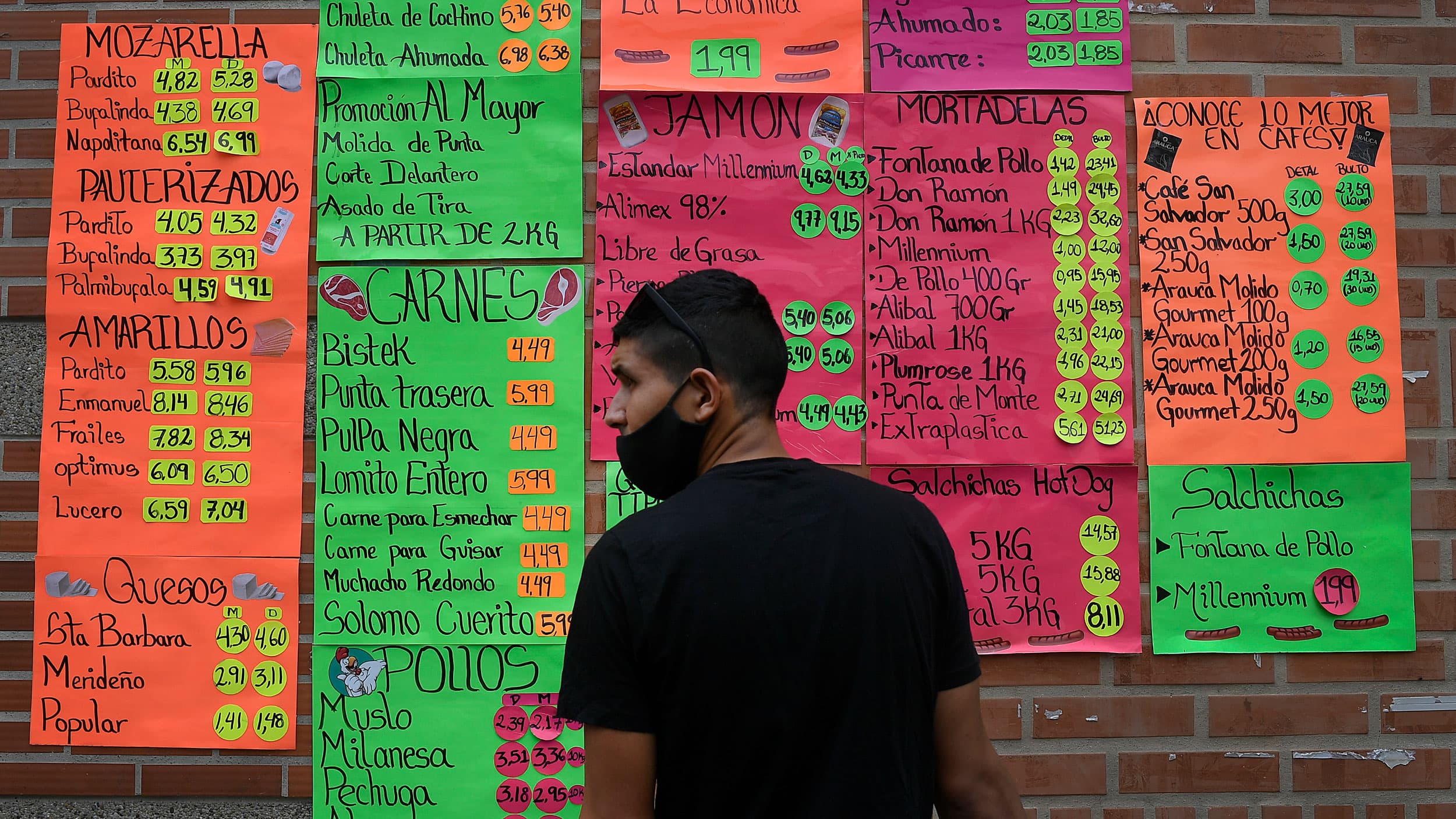 A man is shown wearing a dark t-shirt and face mask while looking at a wall covered with bright posters and the prices of various goods.