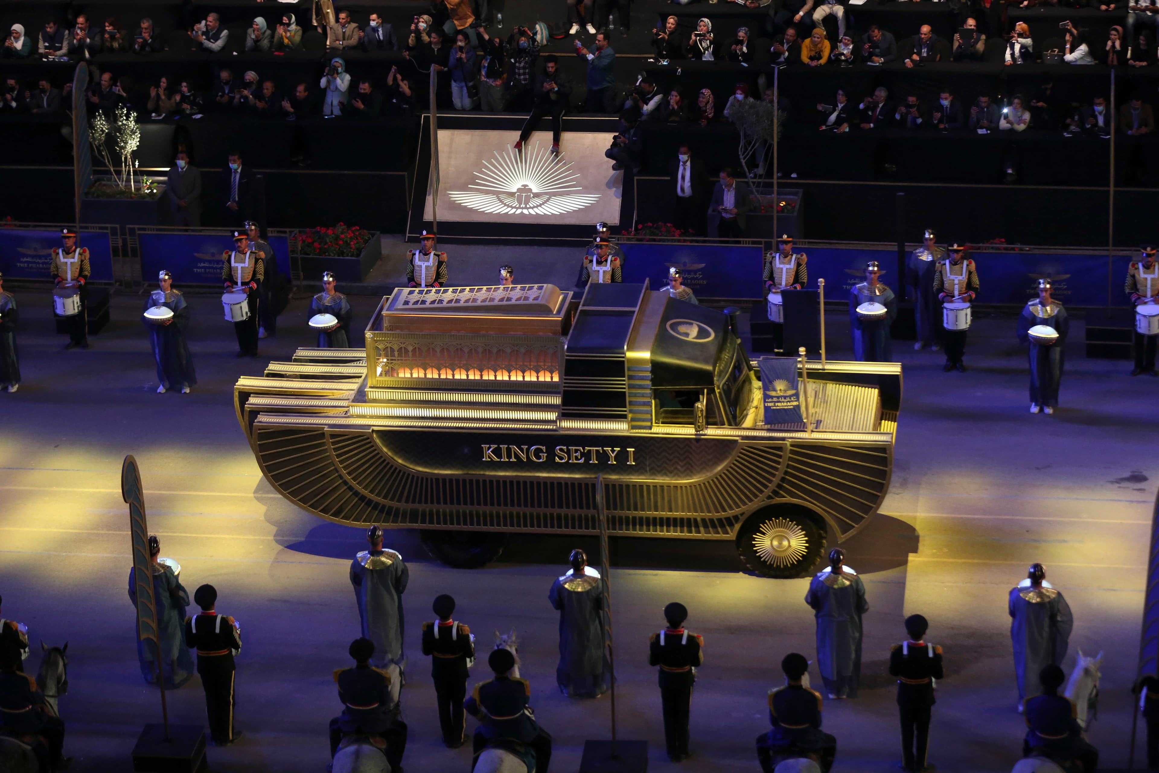 A convoy of vehicles transporting royal mummies is seen in Cairo, April 3, 2021. Egypt held a parade celebrating the transport of 22 of its prized royal mummies from the Egyptian Museum to the newly opened National Museum of Egyptian Civilization. 