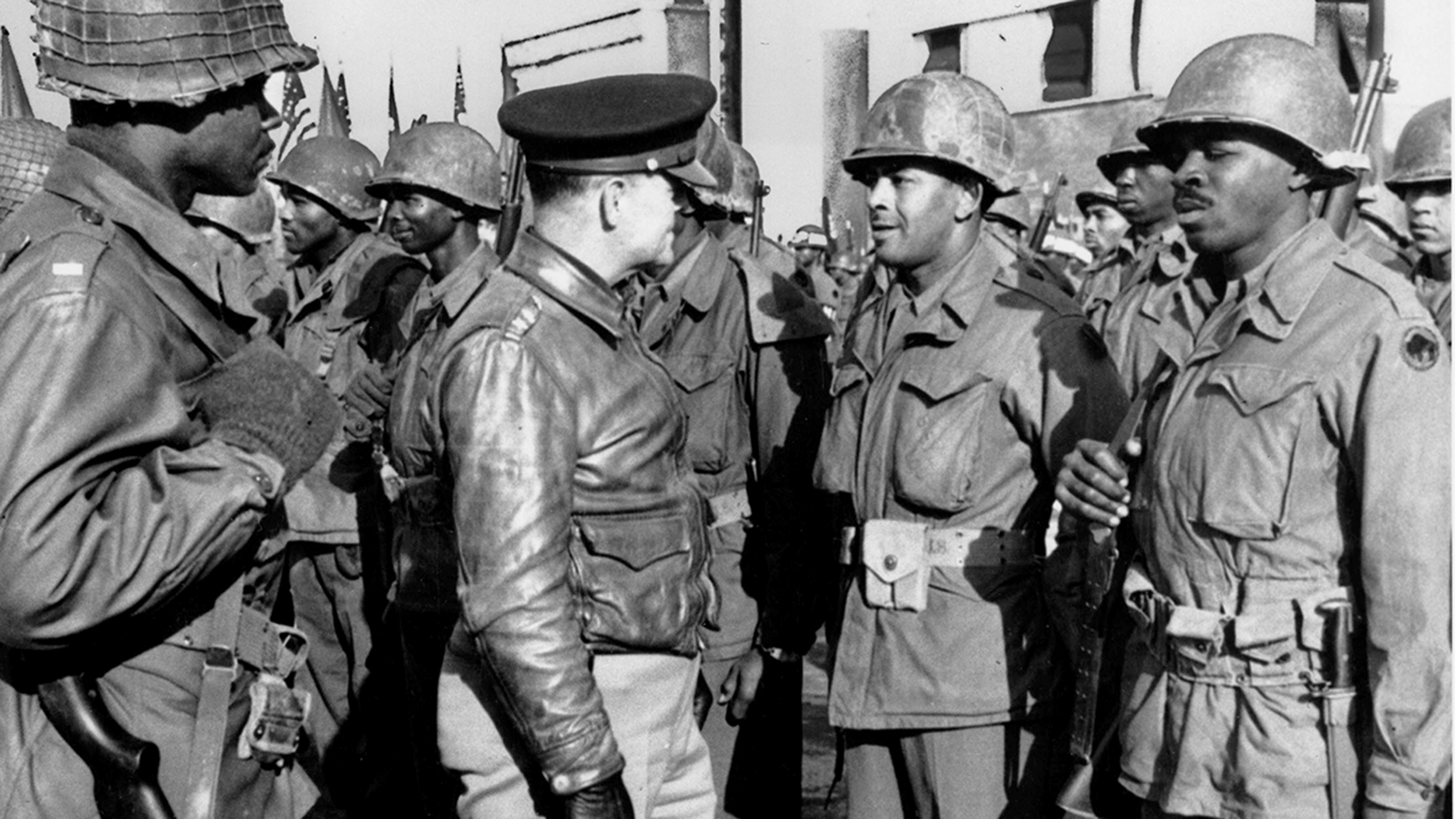 African American soldiers lined up in ranks during World War II