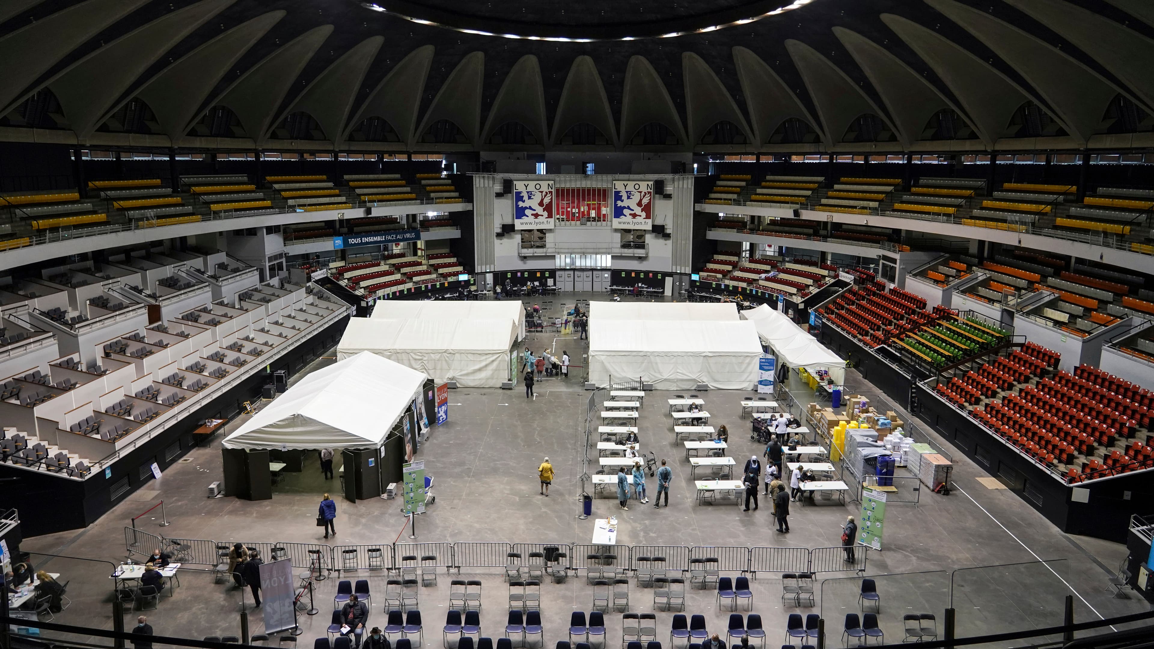 A stadium is set up as a vaccination drive site in France.