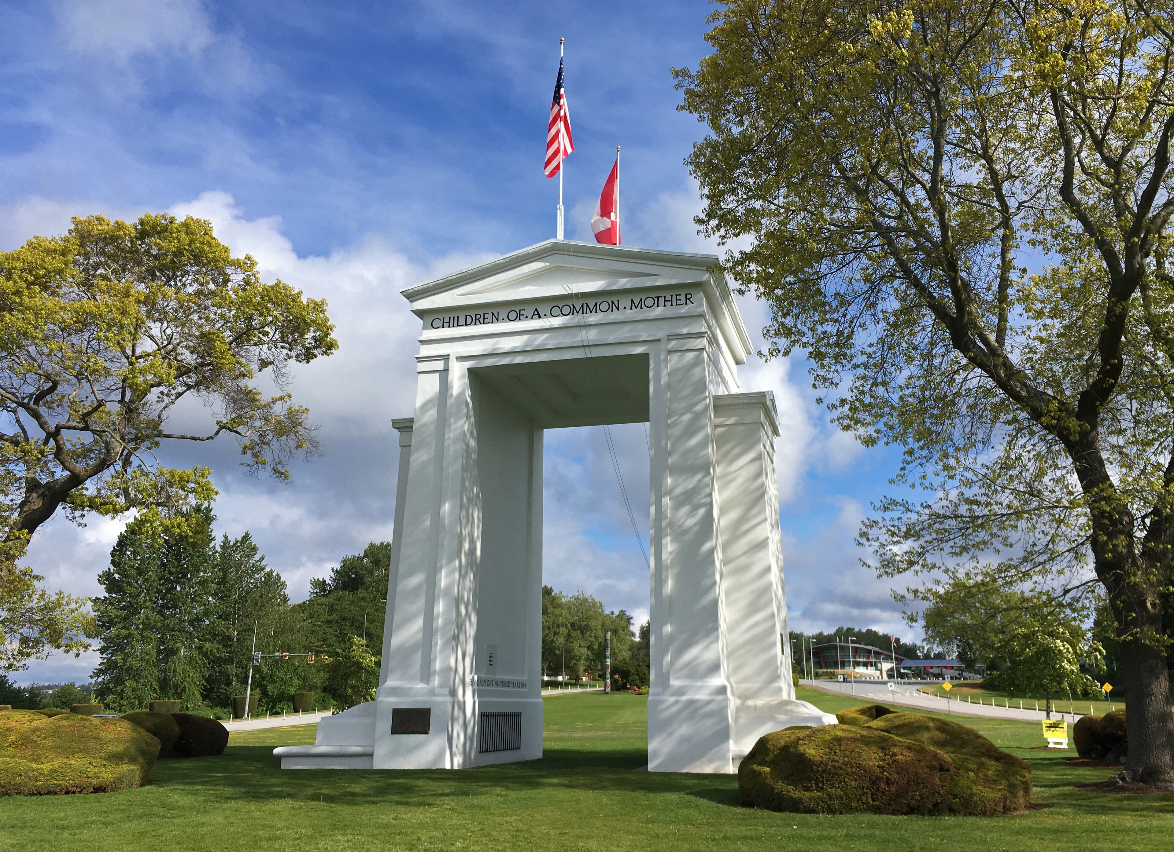 Peace Arch straddles the US-Canada border in Blaine, Washington, and Surrey, British Columbia.