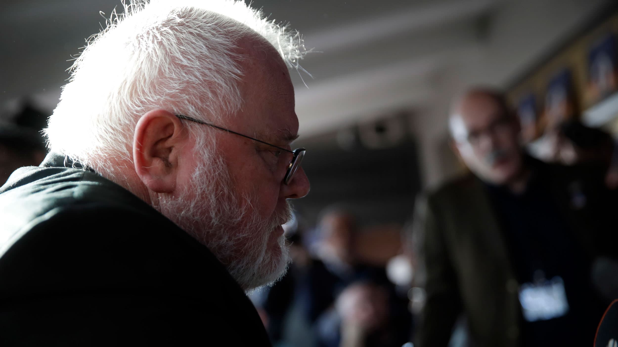 Cardinal Reinhard Marx, who has white hair and beard, is shown in a profile view wearing glasses and sitting.