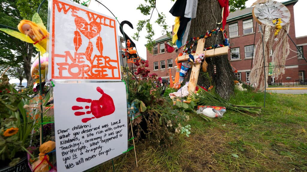Several signs and a wooden cross are shown next to a tree with a brick building in the distance.