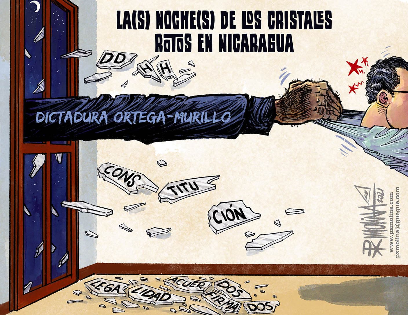 A cartoon showing a long arm reaching through broken glass and pulling the shirt of a person from behind.