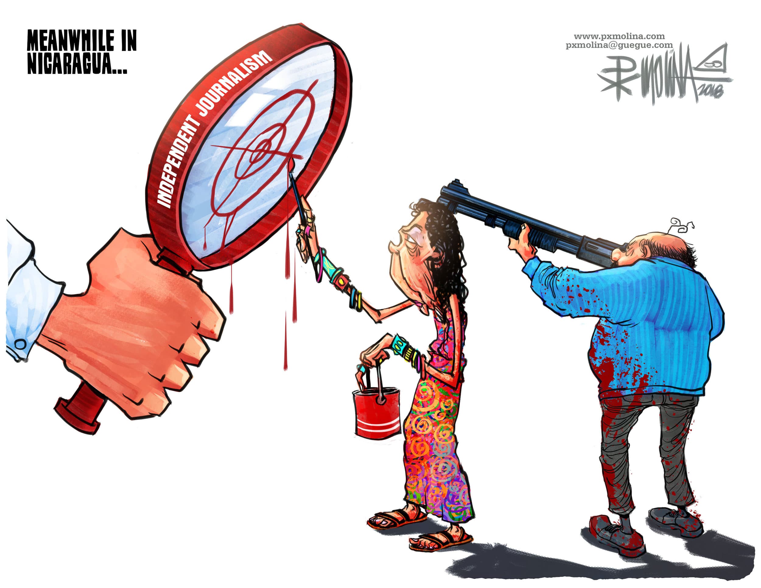 A cartoon showing a man with a rifle pointed at a magnify glass and a woman painting a red target on the glass.