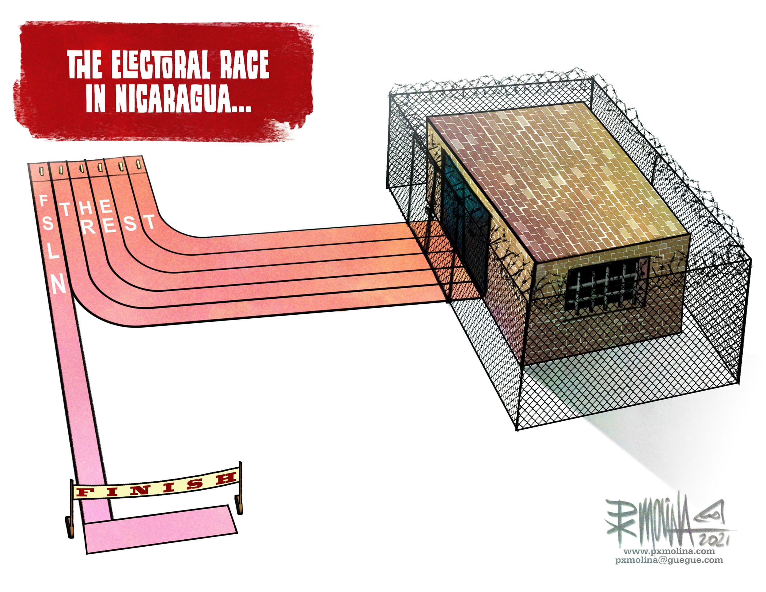 A cartoon shows a racetrack with one line going to a finish line and the rest of the lines leading to a prison.