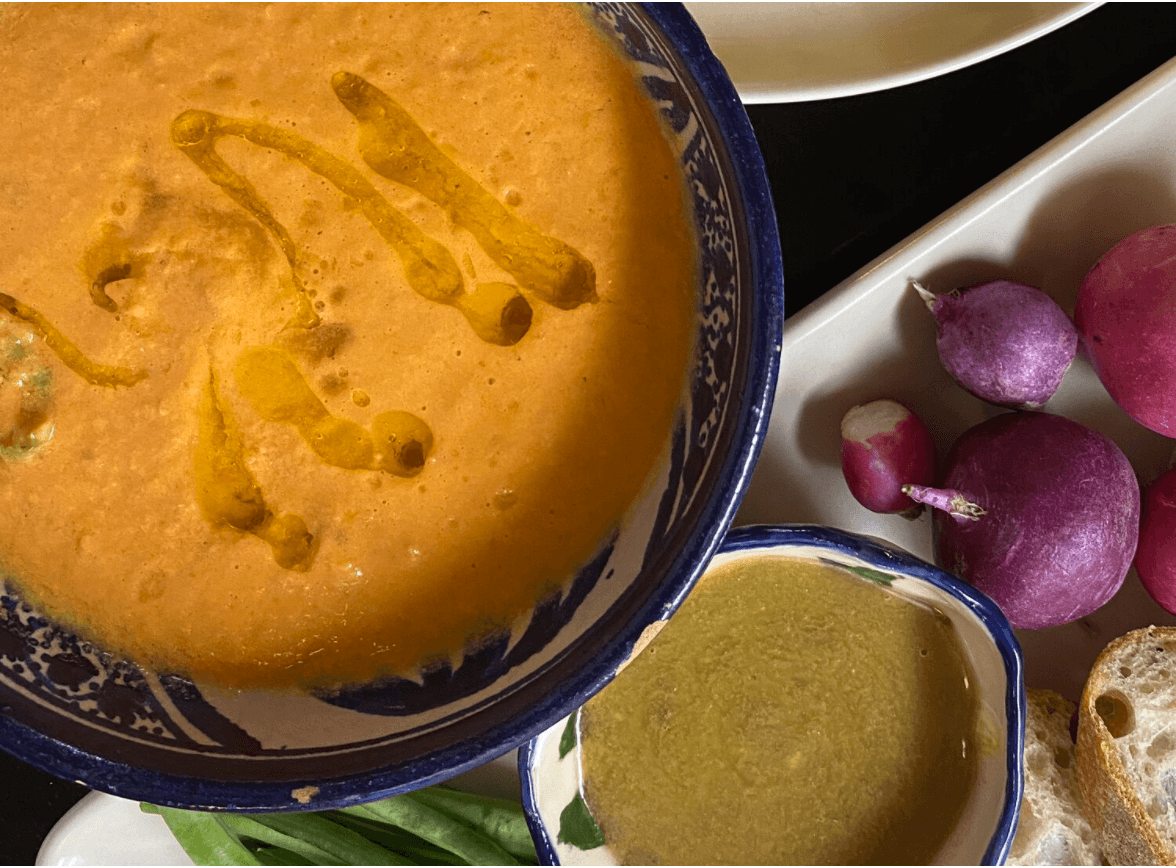 Orange-colored soup in a bowl