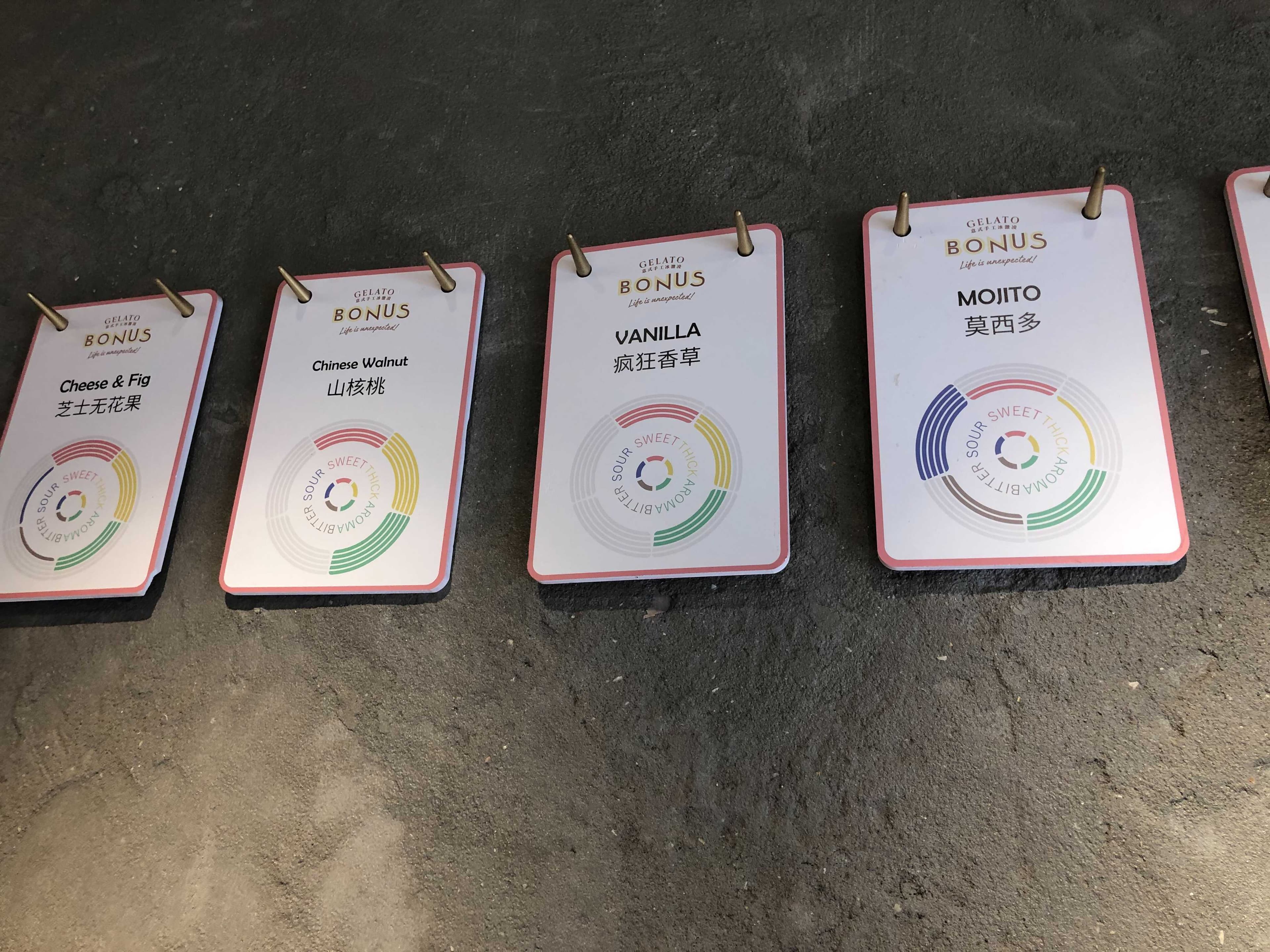 Placards of ice cream flavors at Gelato Bonus in China