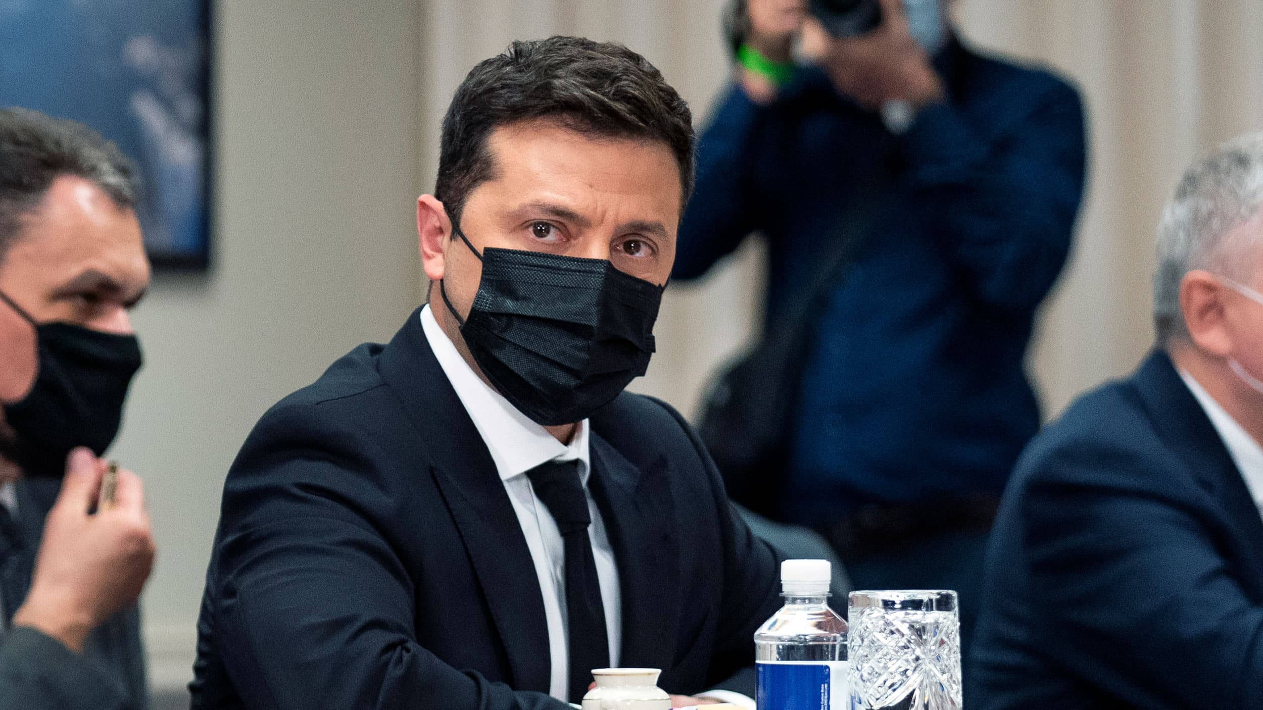 Visiting Ukrainian President Volodymyr Zelenskiy, center, speaks during a meeting with Defense Secretary Lloyd Austin at the Pentagon, Tuesday, Aug. 31, 2021, in Washington. 
