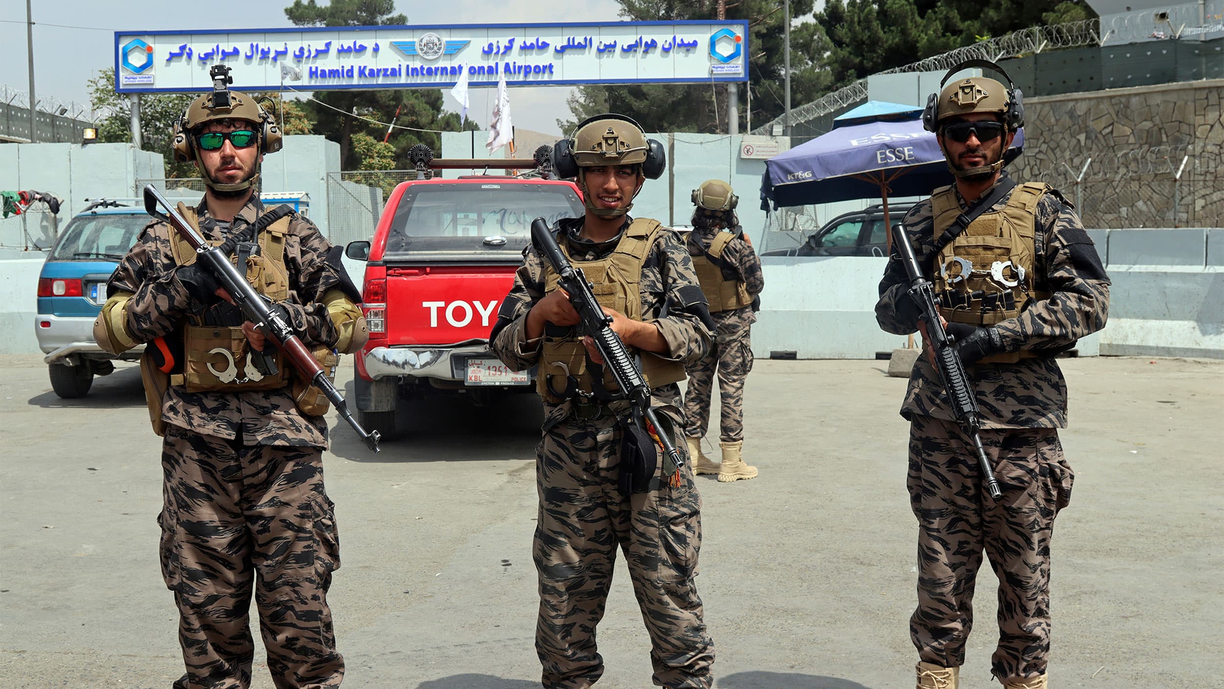 Taliban special forces fighters stand guard outside the Hamid Karzai International Airport after the U.S. military's withdrawal, in Kabul, Afghanistan