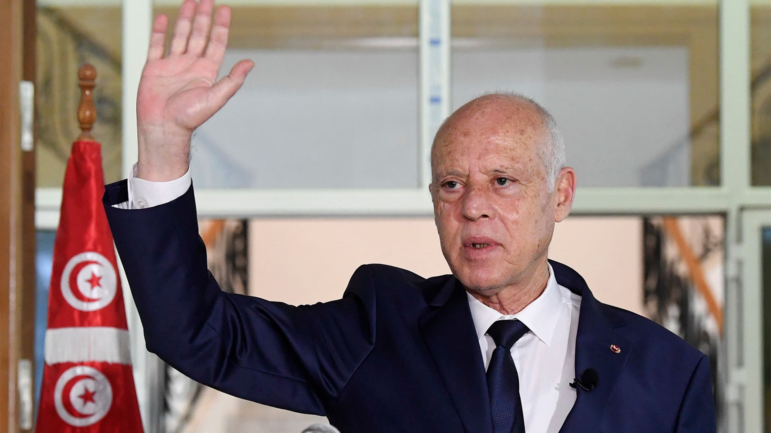 Tunisian President Kais Saied delivers a speech during his visit to Sidi Bouzid, Tunisia