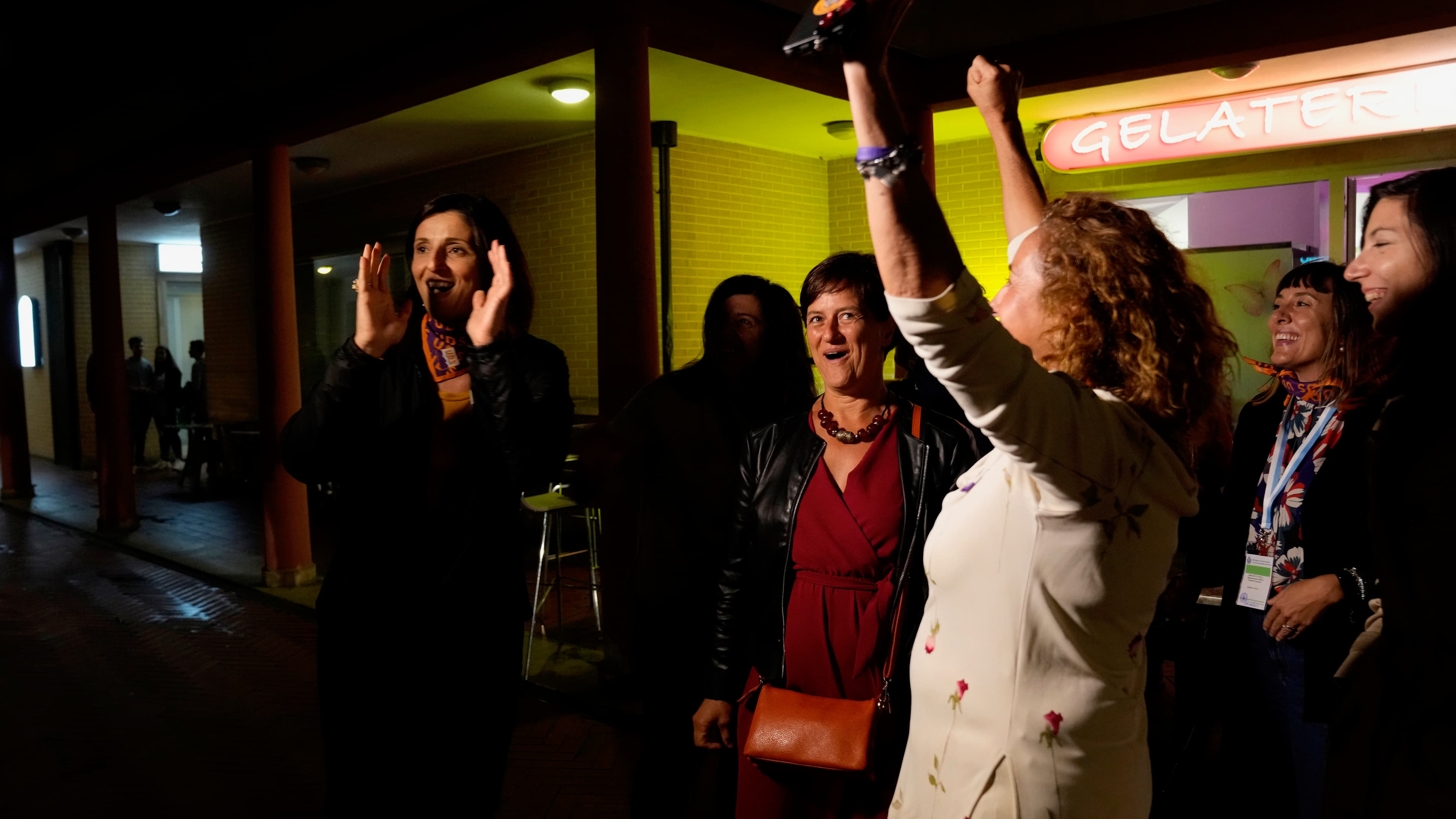 Activists of the "Unione Donne Sammarinesi" San Marino's women union camp celebrate in San Marino, Sept. 26, 2021, the victory in a referendum to decriminalize abortion in certain circumstances.
