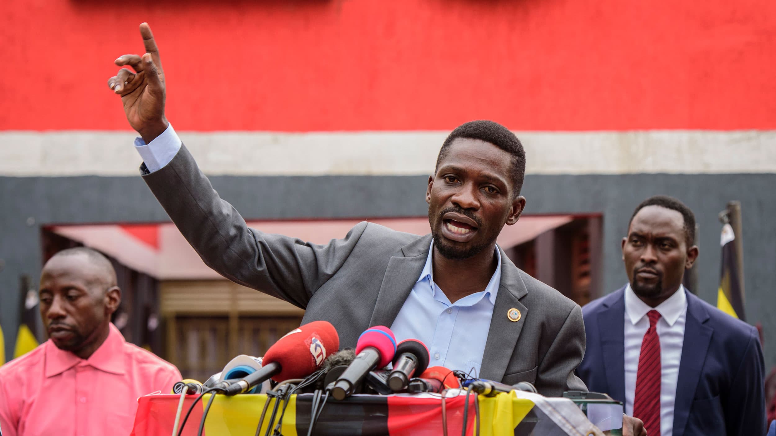 Ugandan opposition figure Bobi Wine, whose real name is Kyagulanyi Ssentamu, speaks at a press conference in Kampala, Uganda Monday, Feb. 22, 2021. 