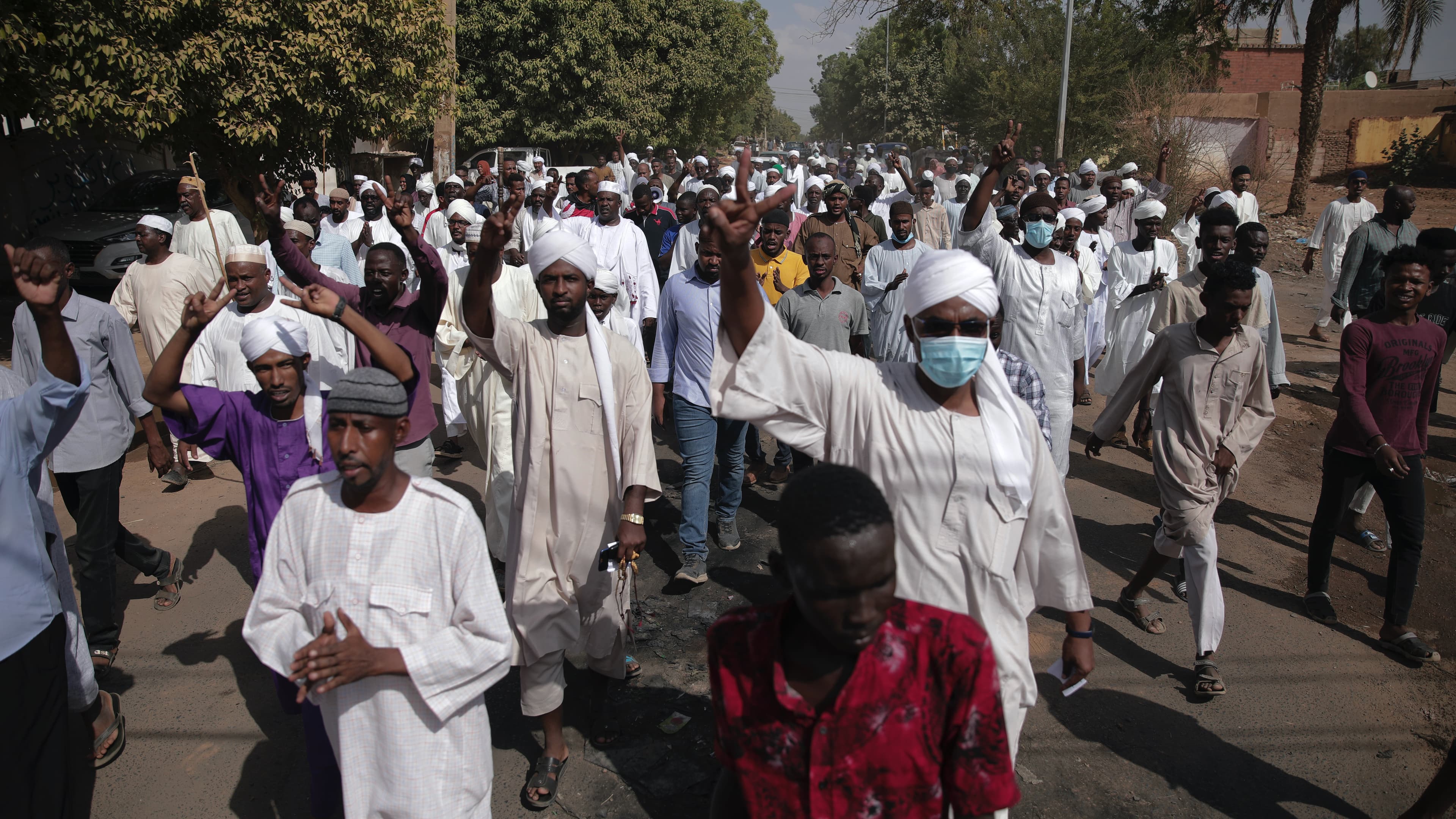 People protest in Khartoum, Sudan, after a military coup earlier this week, Oct. 29, 2021.