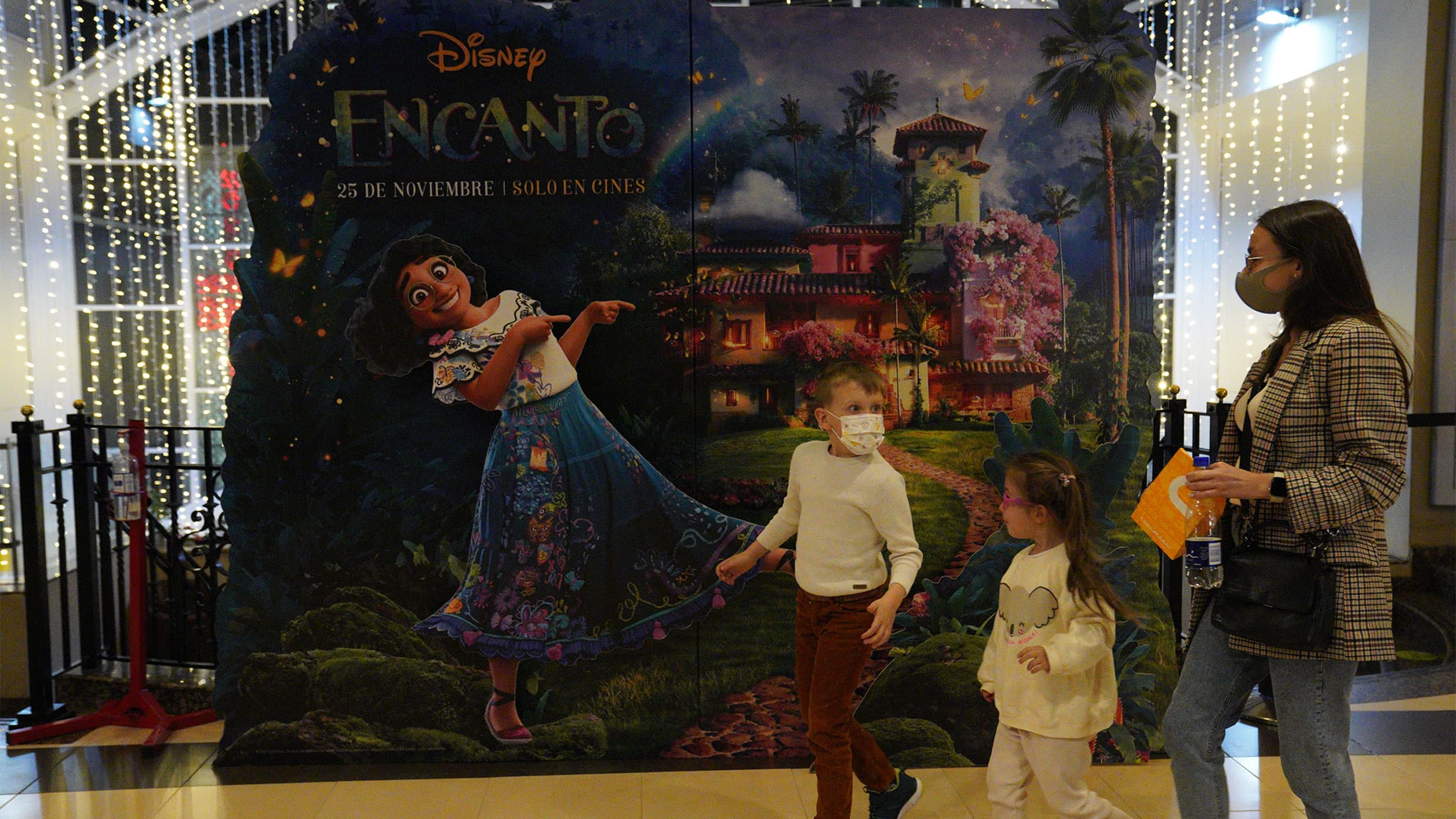 An "Encanto" billboard stands at a movie theater in Bogotá, Colombia.