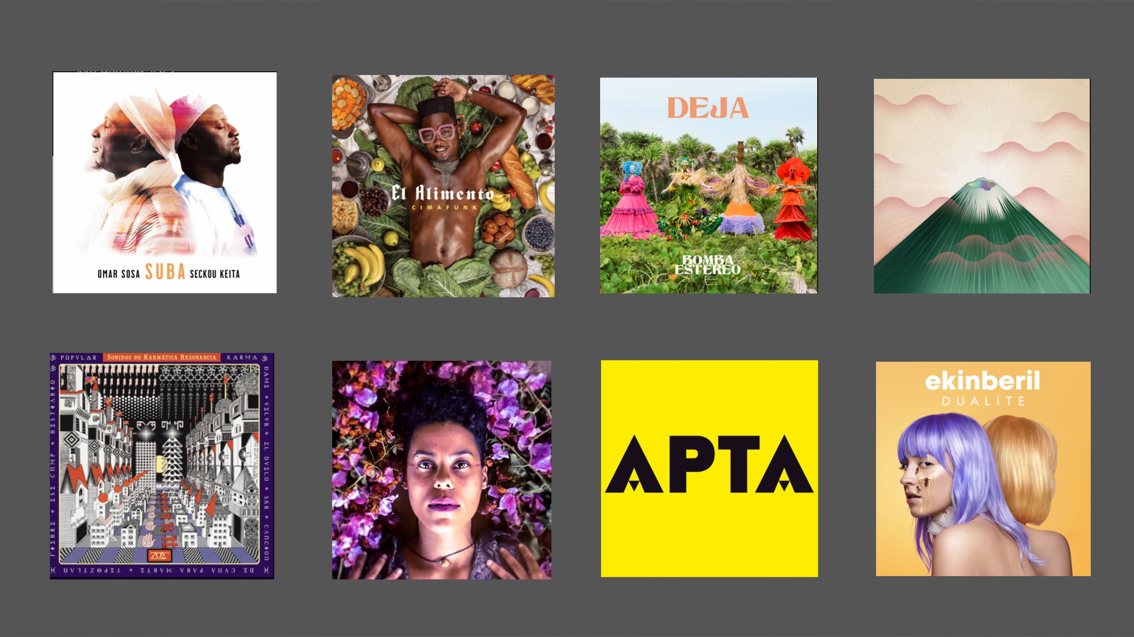 Cover art for albums of multiple artists included on The World's 2021 music playlist. Clockwise, starting from the top left image: 'Suba' by Omar Sosa and Seckou Keita; 'El Alimento' by Cimafunk; 'Deja' by Bomba Estereo; 'Seeking New Gods' by Gruff Rhys;