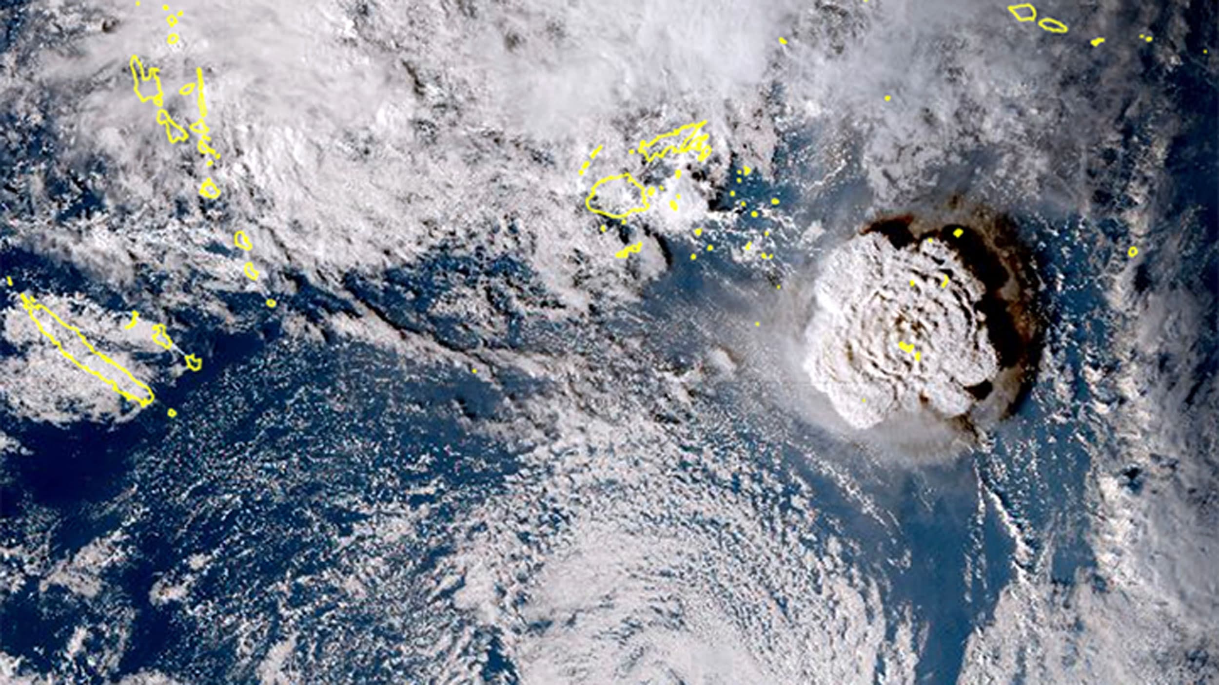 In this satellite image taken by Himawari-8, a Japanese weather satellite, and released by the agency, shows an undersea volcano eruption at the Pacific nation of Tonga