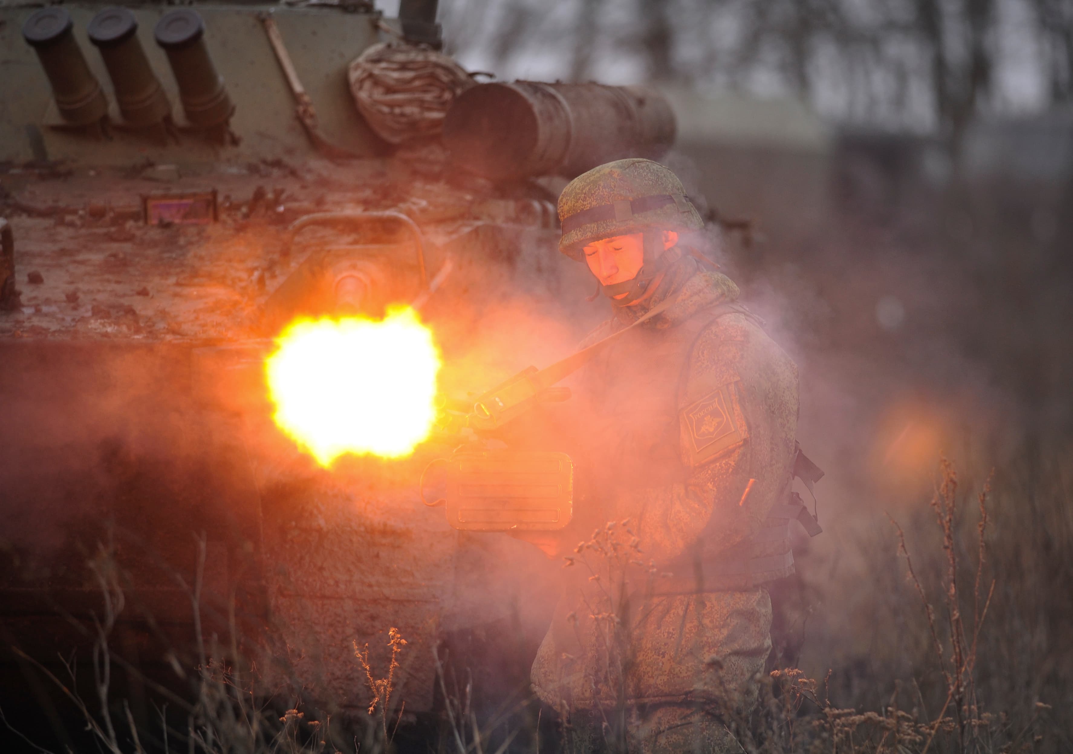A Russian army soldier takes part in drills at the Kadamovskiy firing range in the Rostov region in southern Russia on Dec. 10, 2021.