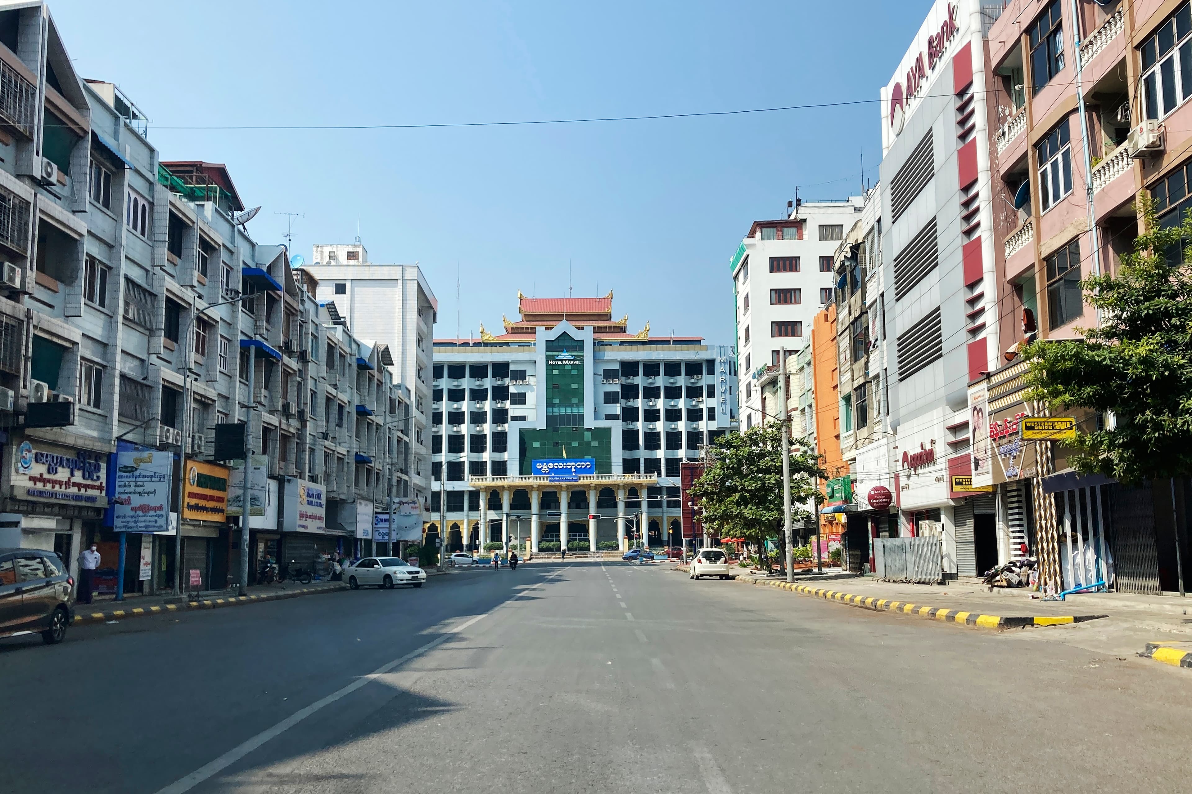 The roadway up to the railway station sits empty in Mandalay, central Myanmar on Feb.1, 2022.