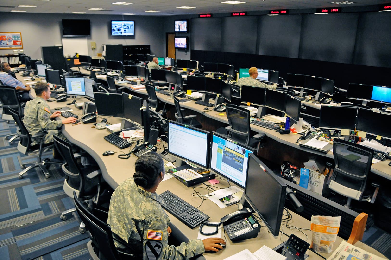 U.S. Army intelligence personnel in the Cyber Operations Center at Fort Gordon in Georgia watch for network attacks.
