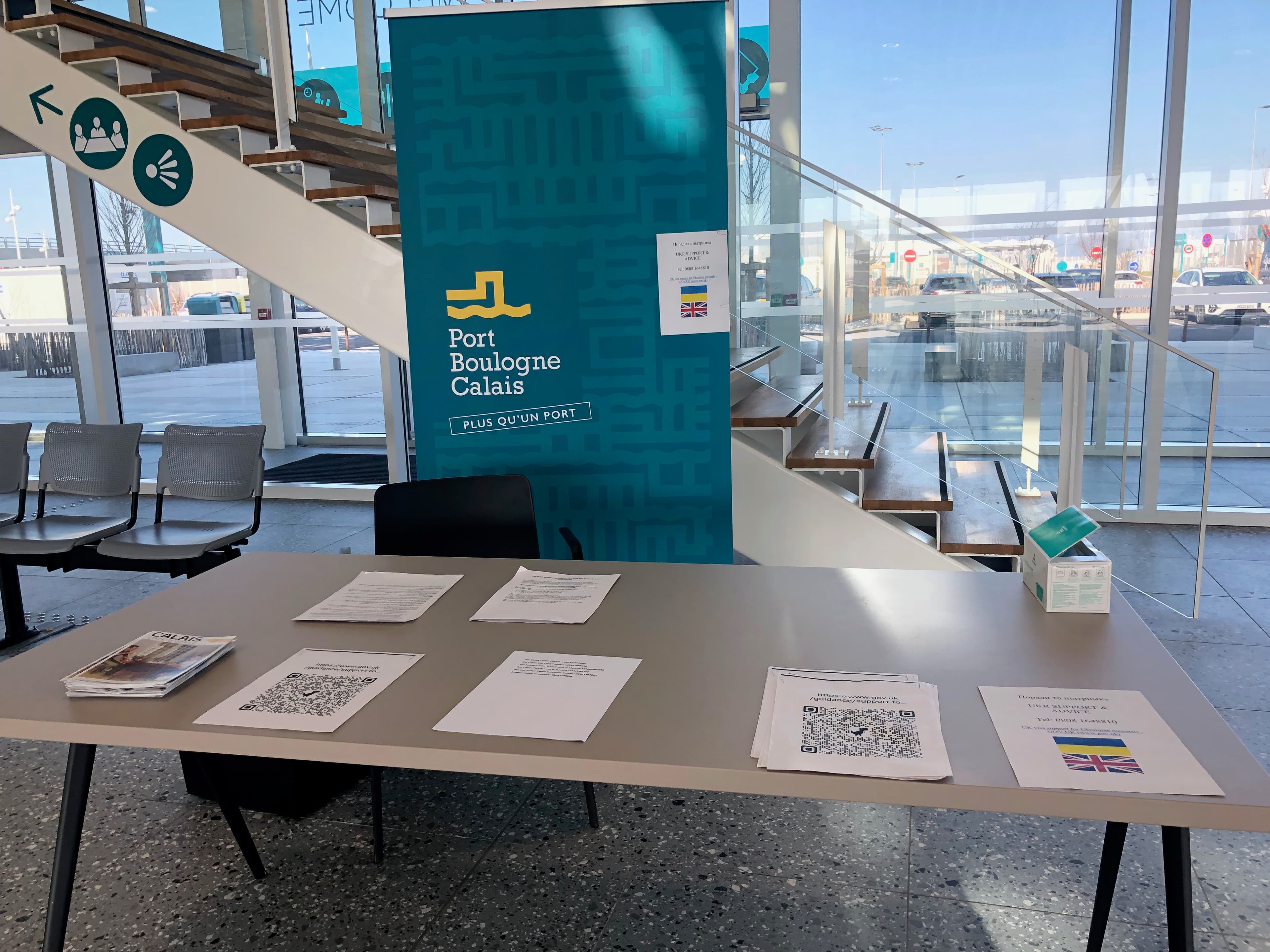 British Immigration Officers at the ferry terminal in Calais, France, have set up an information booth for Ukrainians looking to reach the UK.