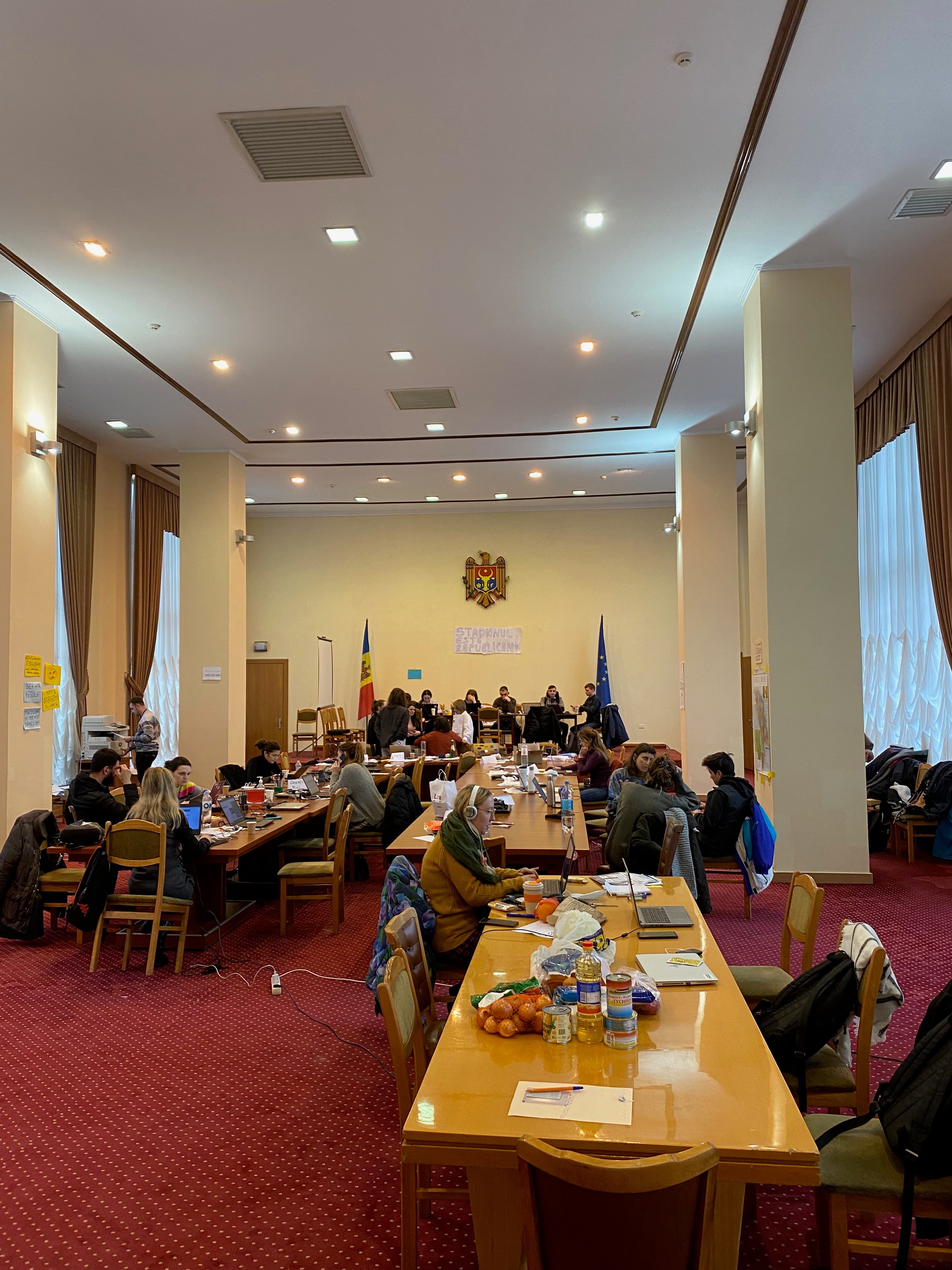 The headquarters for the co-ordination of volunteer efforts to support Ukrainian refugees at a governmental building in Chisinau