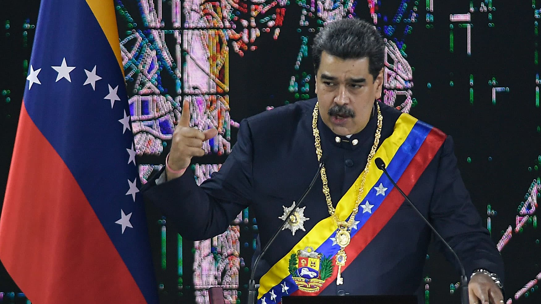 Venezuelan President Nicolas Maduro speaks during a ceremony marking the start of the judicial year at the Supreme Court in Caracas, Venezuela, Jan. 27, 2022.
