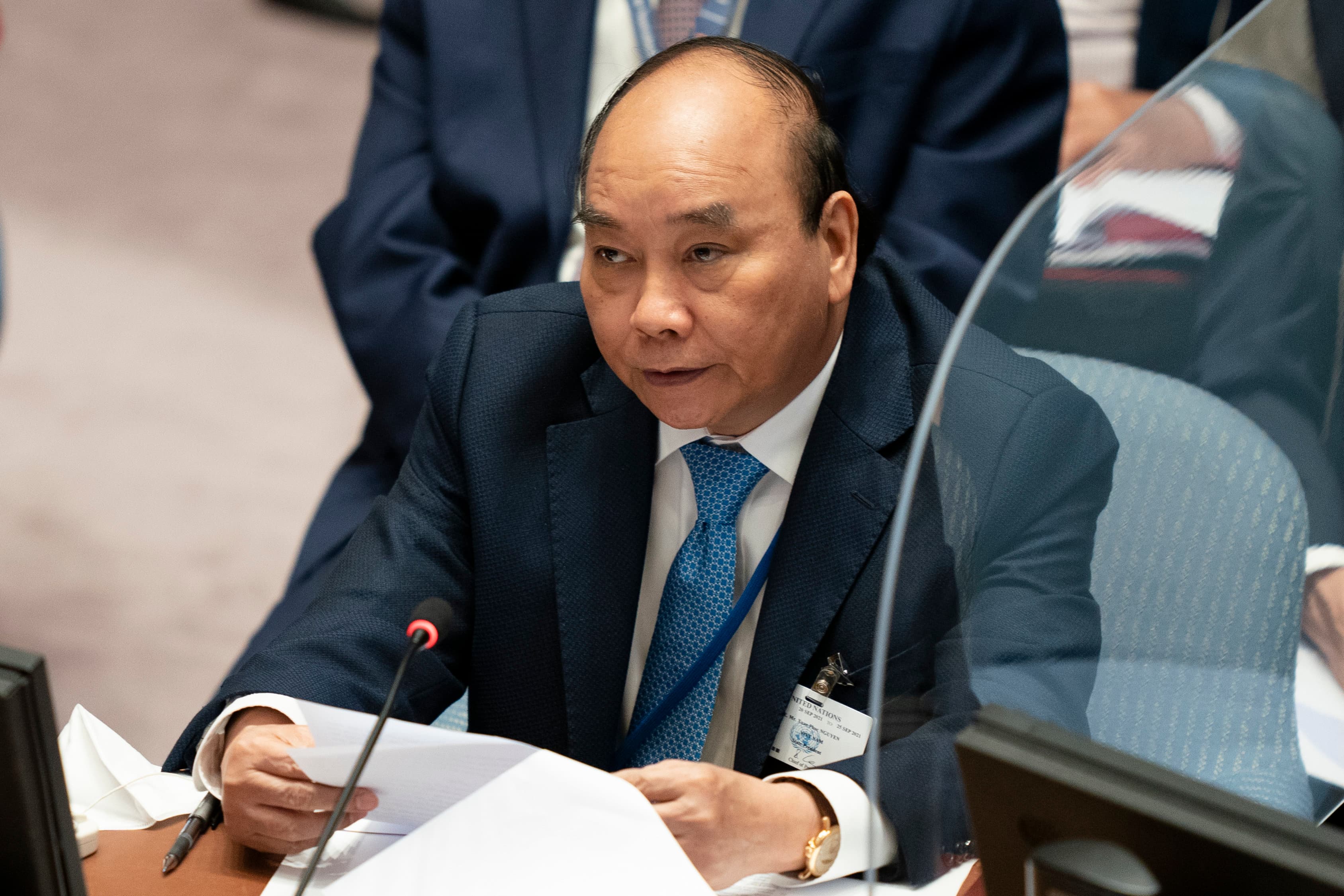 Nguyen Xuan Phuc, president of Vietnam, speaks during a meeting of the United Nations Security Council in September 2021.