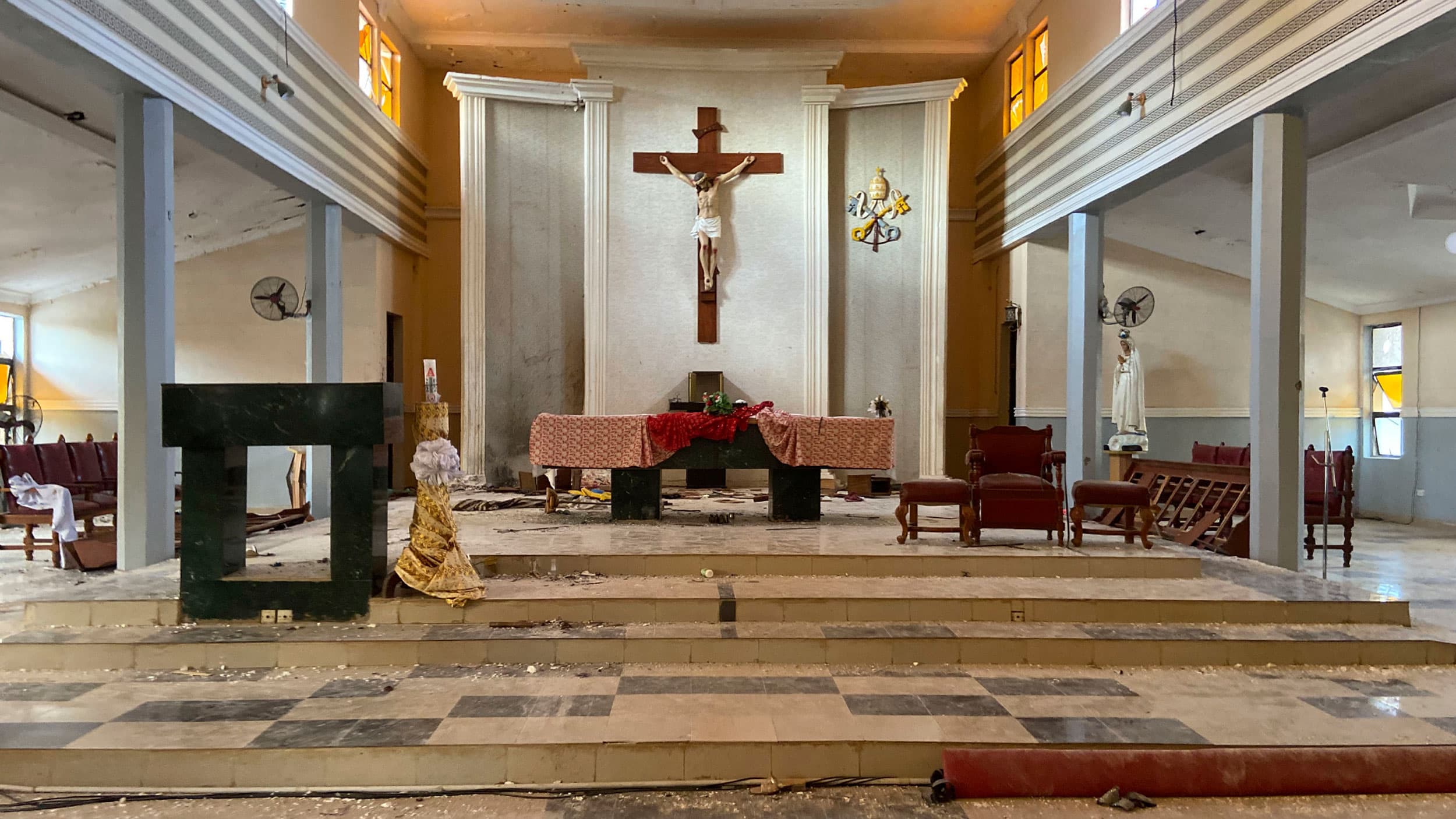 A view of the St. Francis Catholic Church in Owo, Nigeria, after gunmen opened fire and detonated explosives