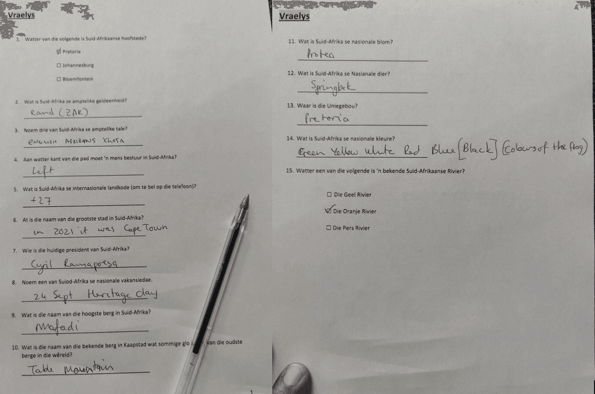 Images of Afrikaans test required for Ryanair passengers from South Africa traveling to the UK