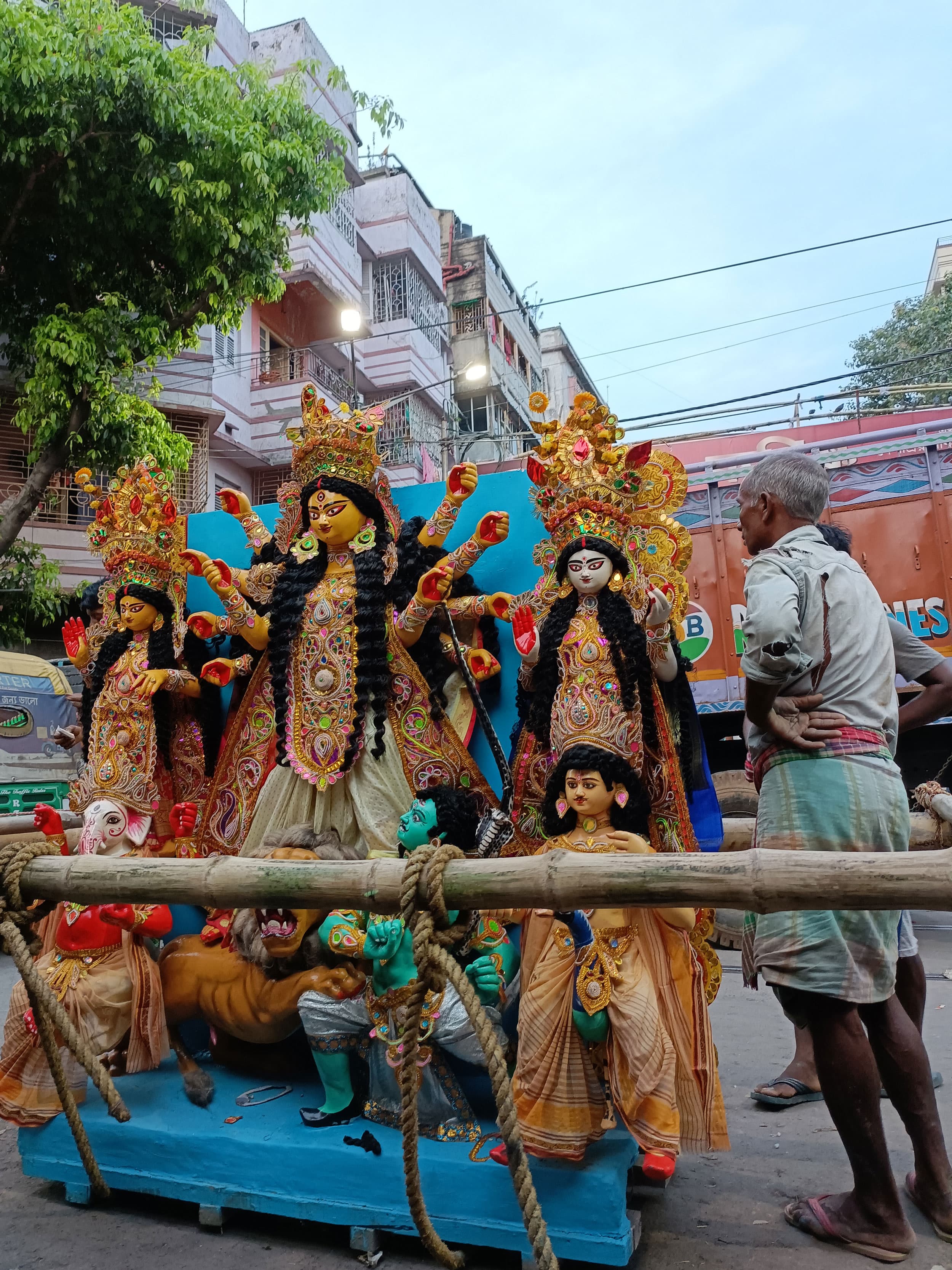 A stylized Durga image at an installation in Kolkata.