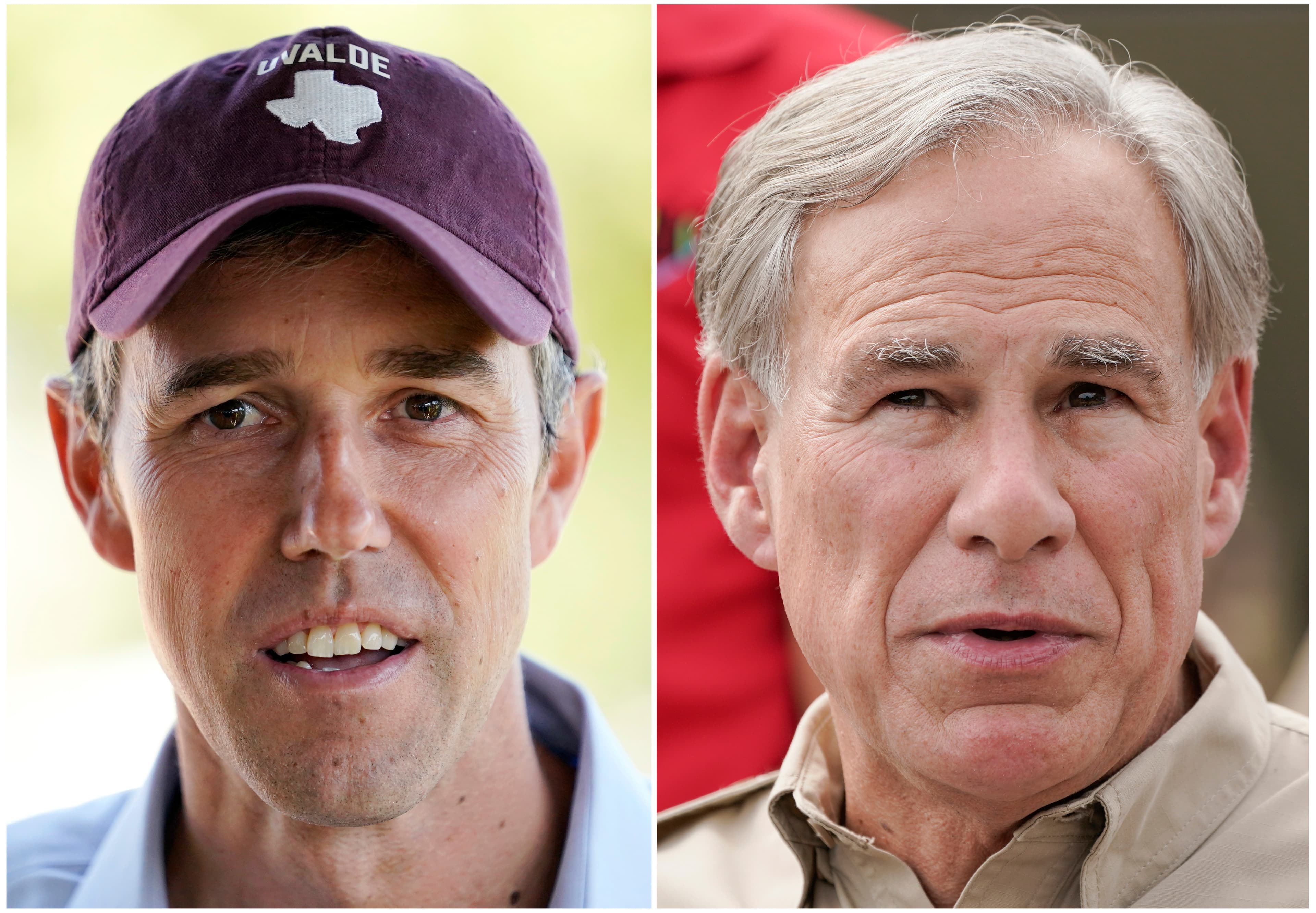 This combination of photos shows Texas Democratic gubernatorial candidate Beto O'Rourke in Edinburg, Texas, left, Sept. 30, 2022, and Texas Gov. Greg Abbott in Del Rio, Texas, right, Sept. 21, 2021.