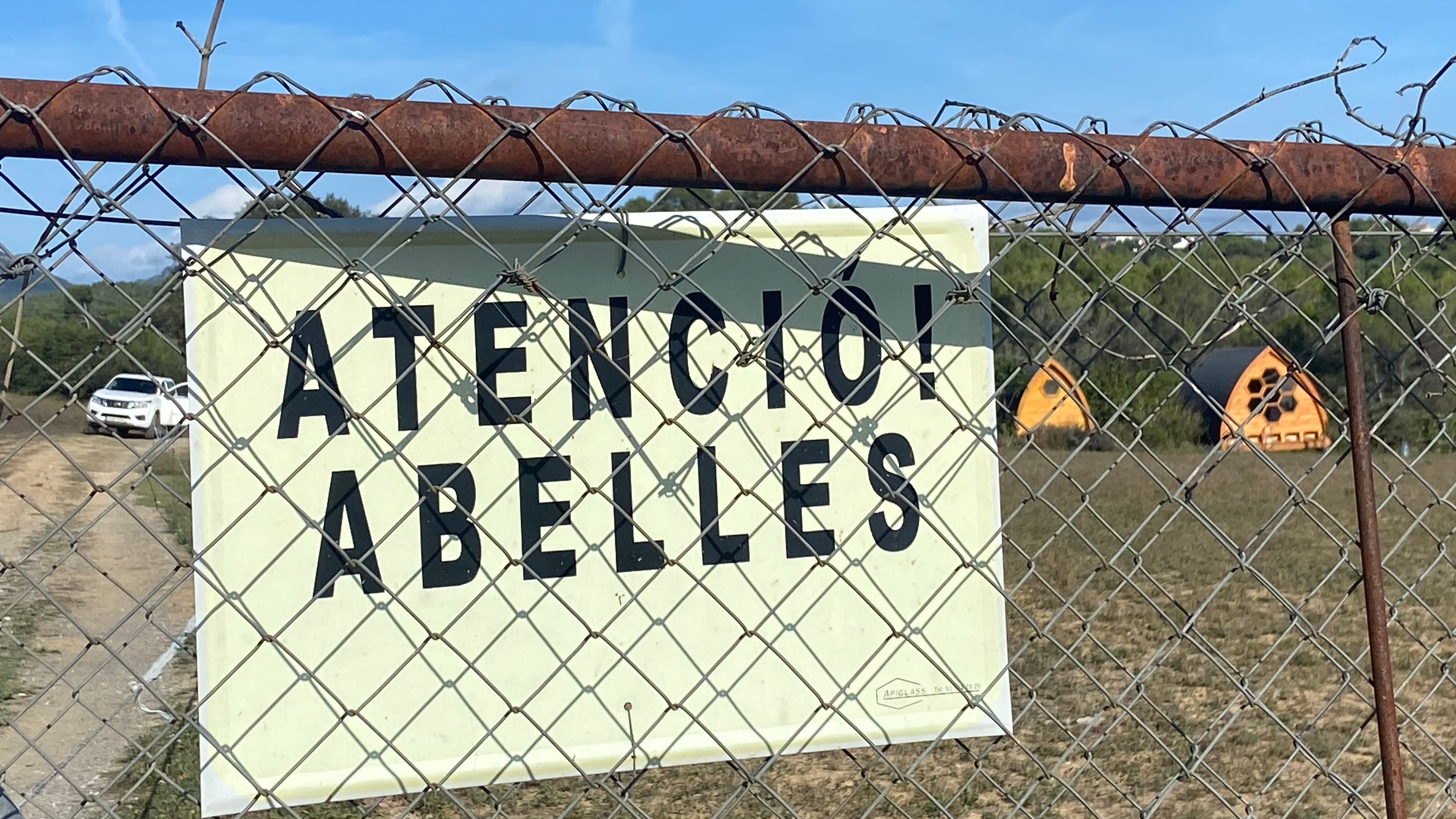 The entrance to Ramal’s bee hive zone. The sign warns visitors.