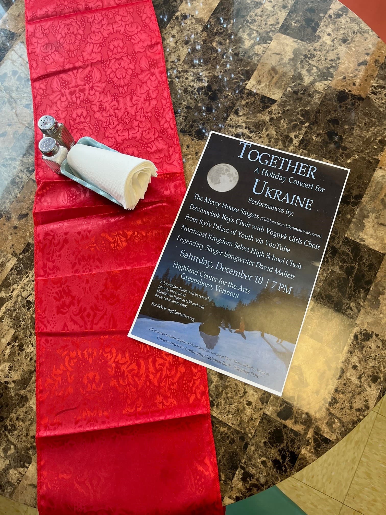 A flier for a holiday benefit concert at the Highland Center for the Arts in Greensboro, Vermont.