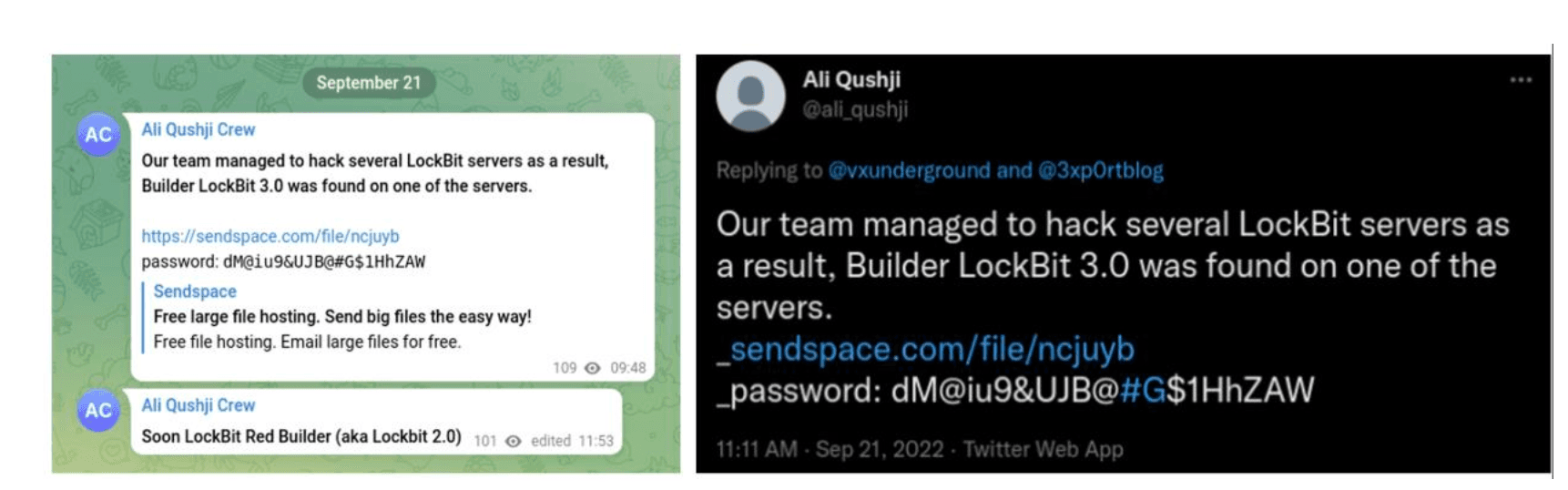 A Telegram post and tweet from someone claiming to have hacked LockBit.