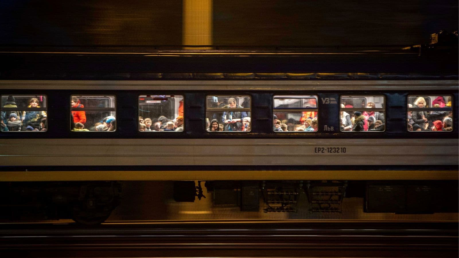 A train with refugees fleeing Ukraine crosses the border in Medyka, Poland, on March 7, 2022.